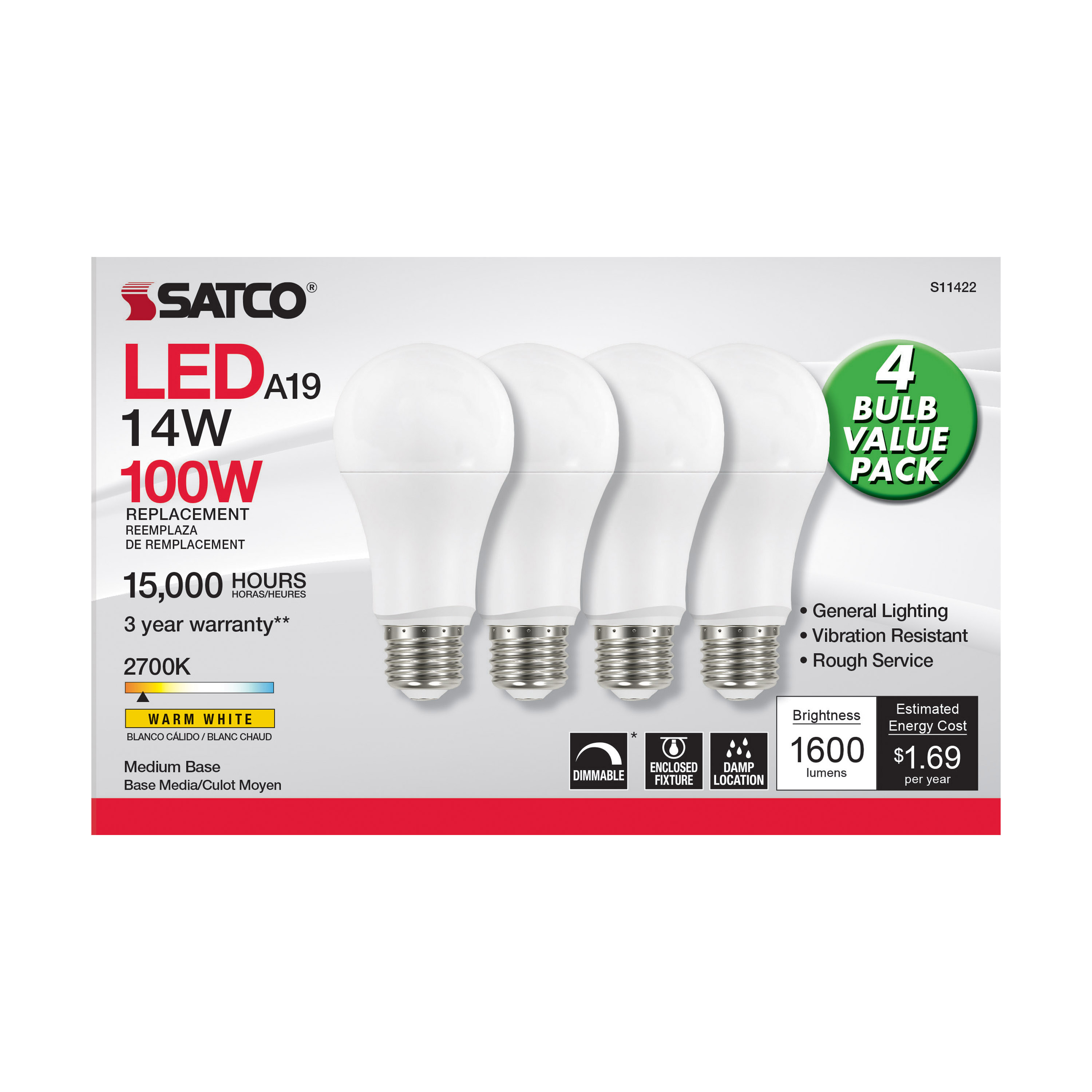 14A19/LED/827/120V/D/4PK - S11422