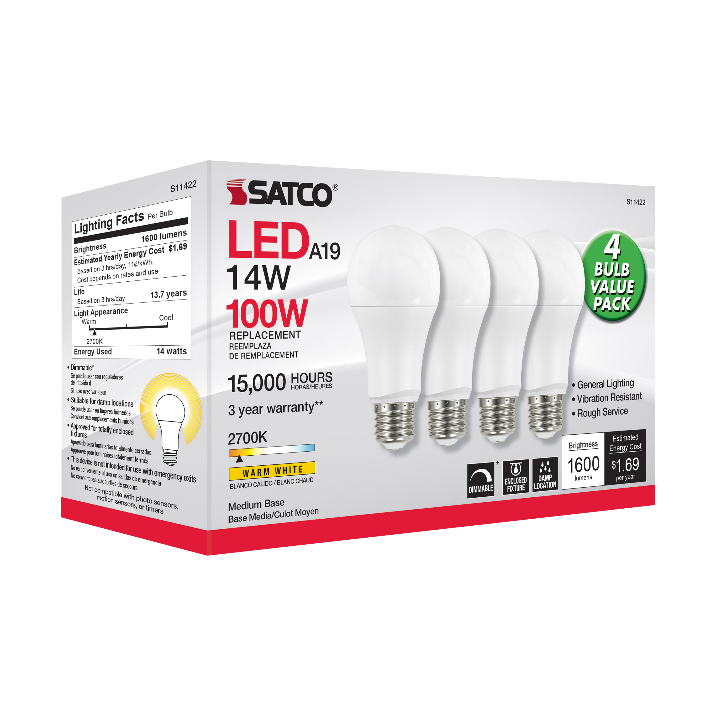 14A19/LED/827/120V/D/4PK - S11422