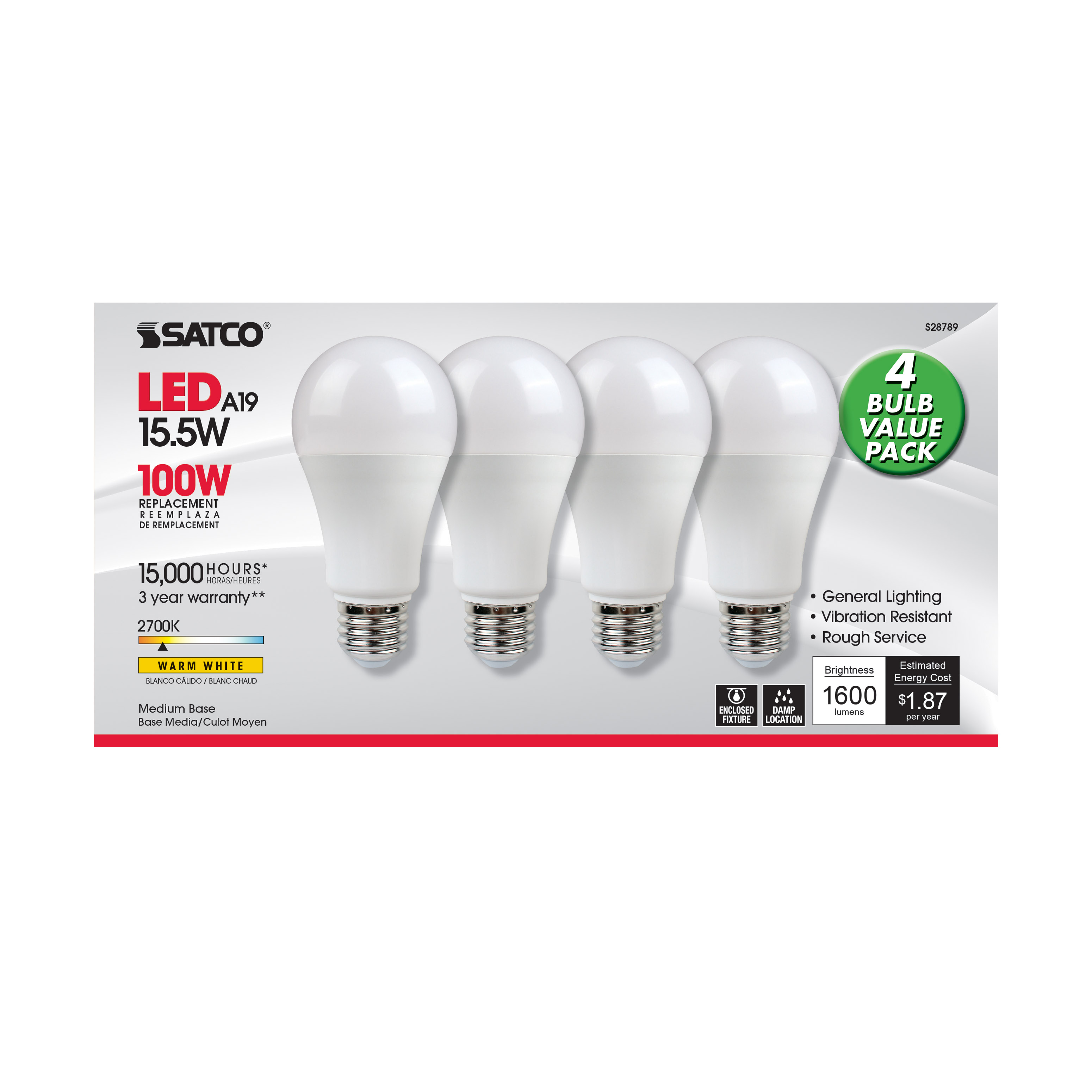15.5A19/LED/27K/ND/120V/4PK - S28789