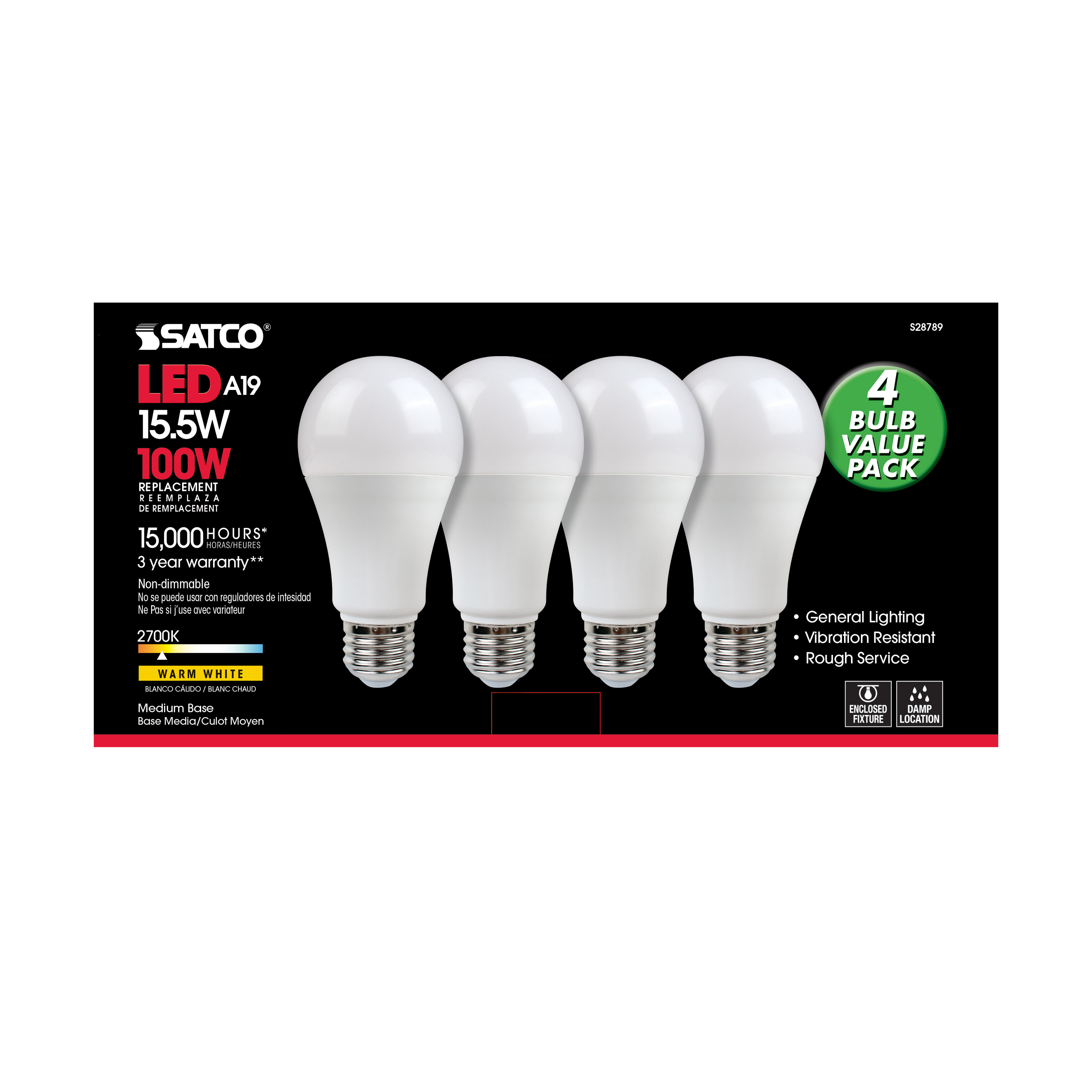 15.5A19/LED/27K/ND/120V/4PK - S28789