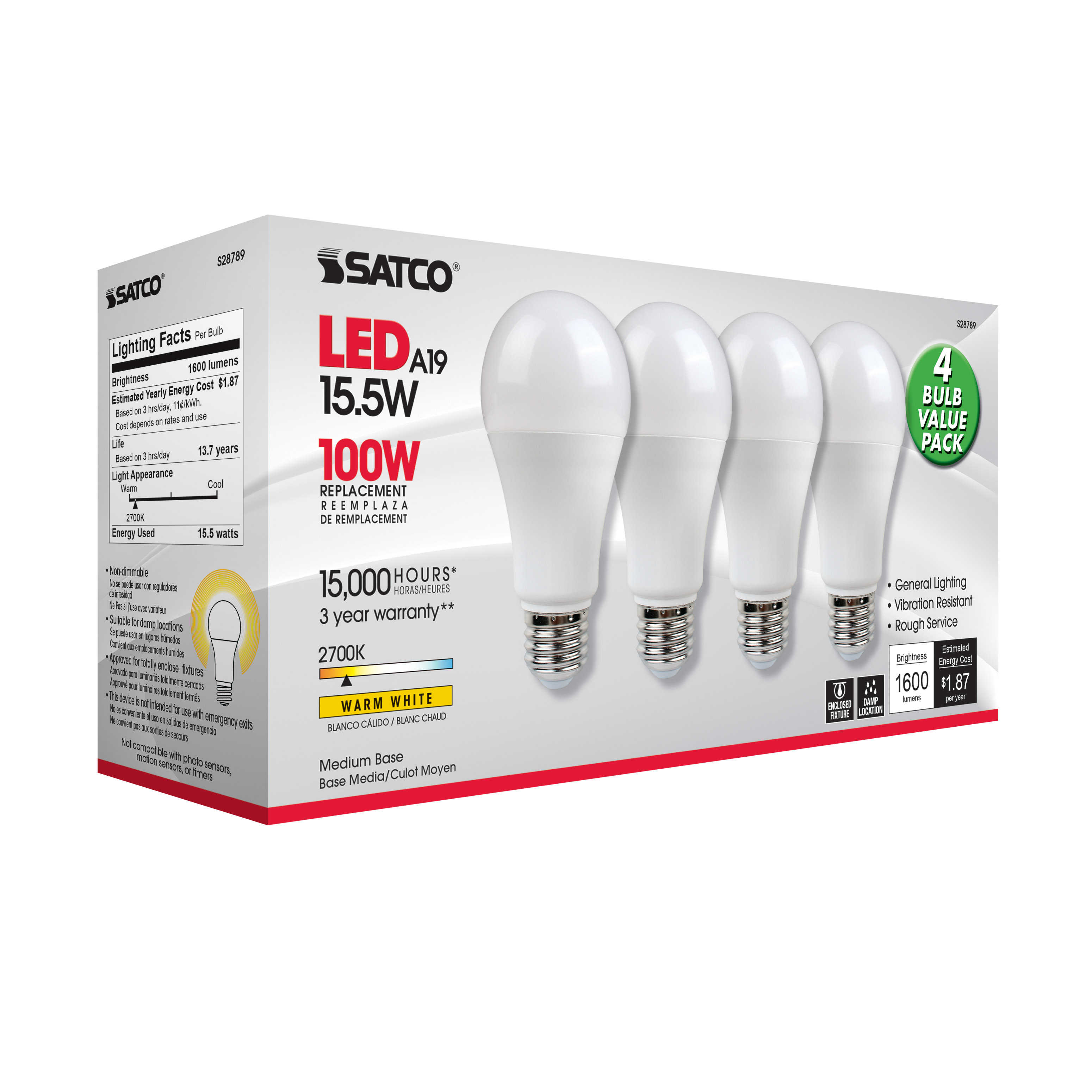 15.5A19/LED/27K/ND/120V/4PK - S28789