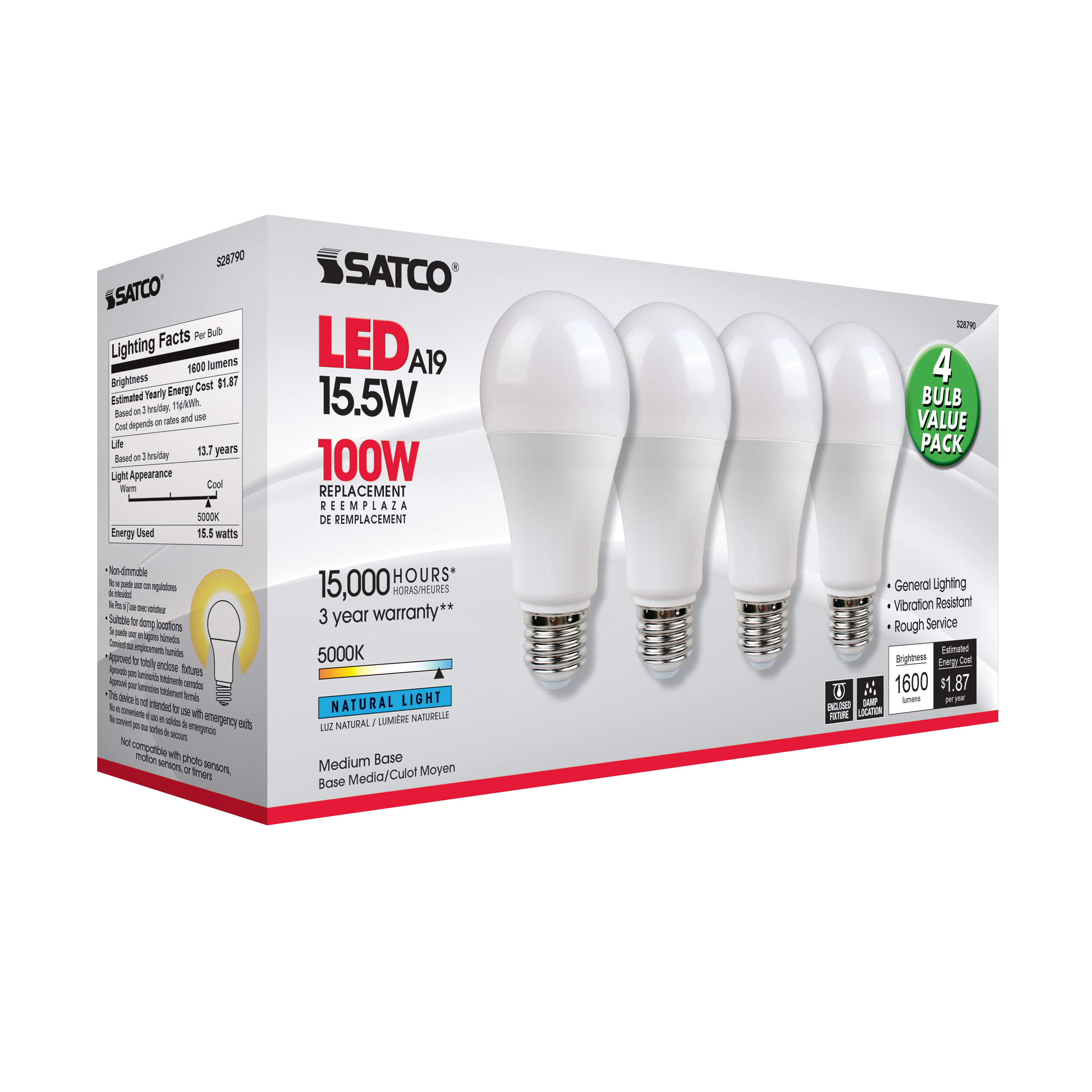 15.5A19/LED/50K/ND/120V/4PK - S28790