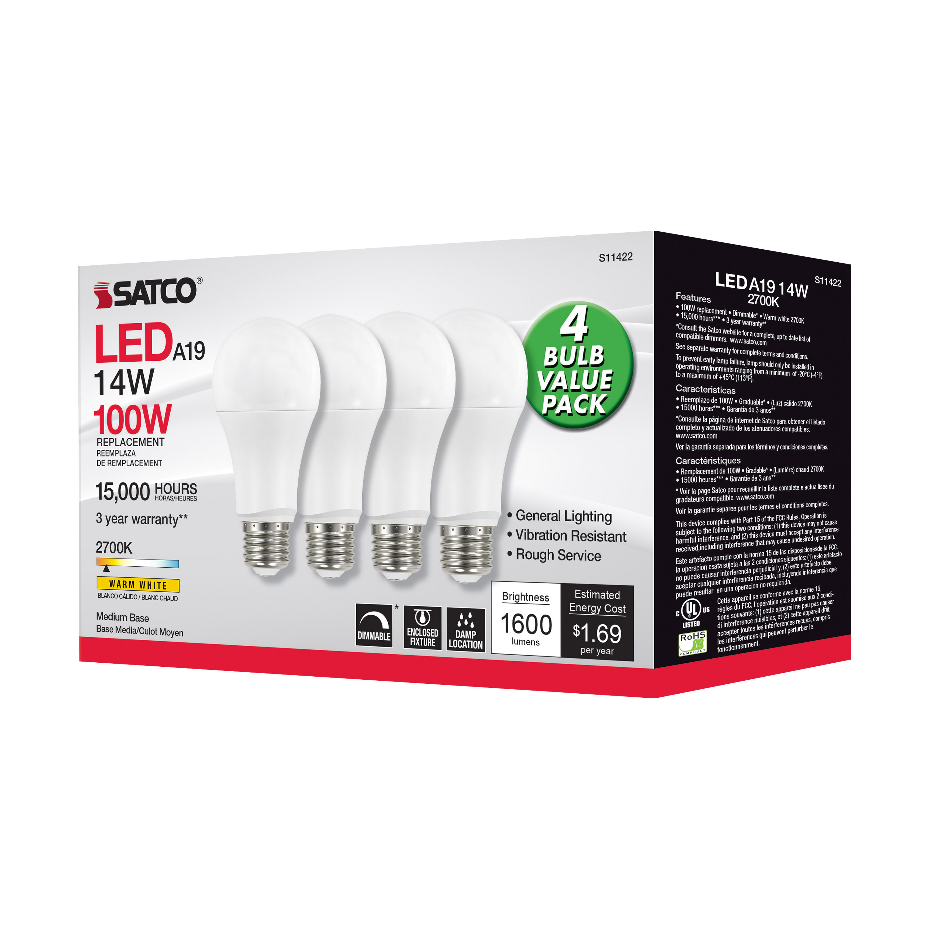 14A19/LED/827/120V/D/4PK - S11422