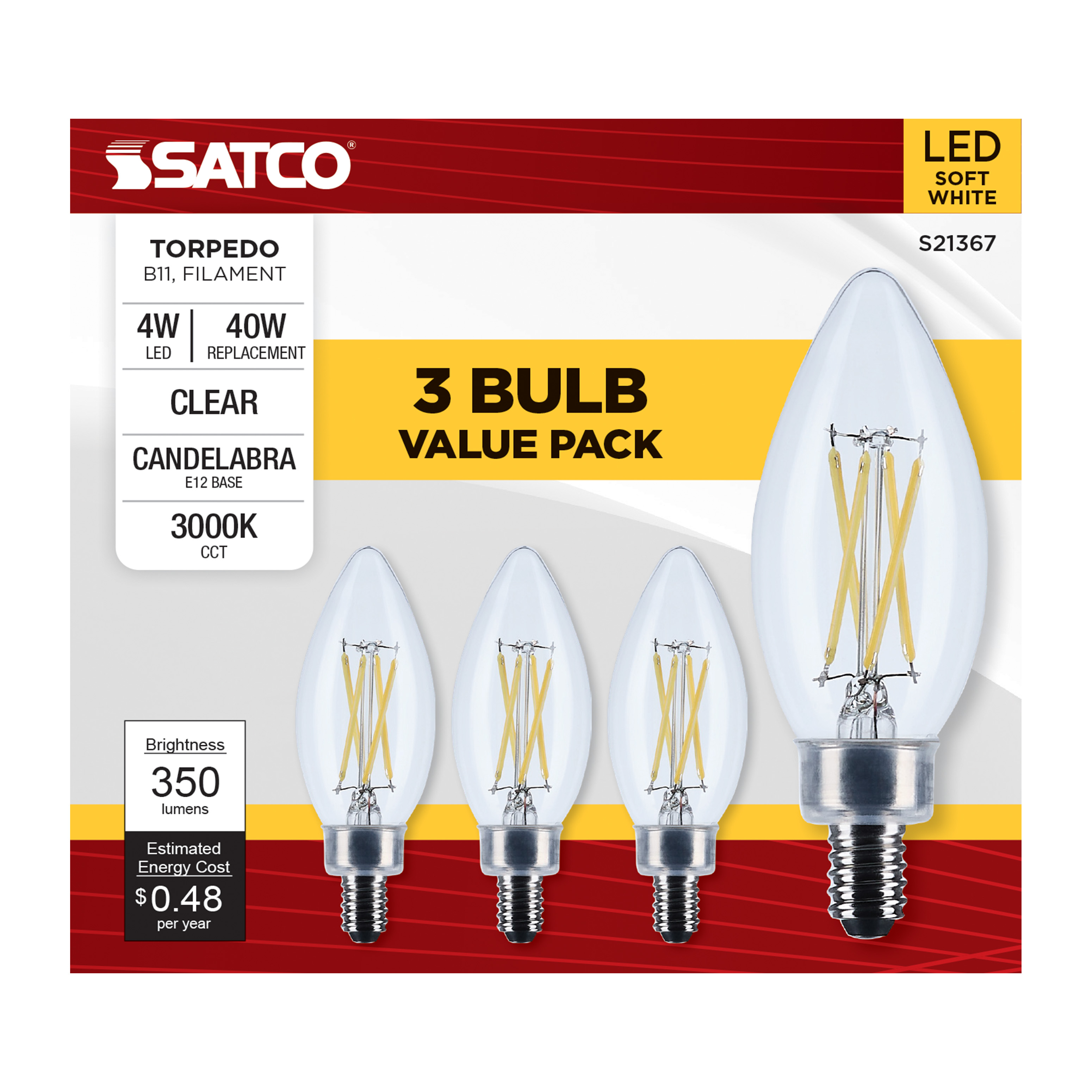 S21367 4B11/LED/930/CL/120V/E12/3PK