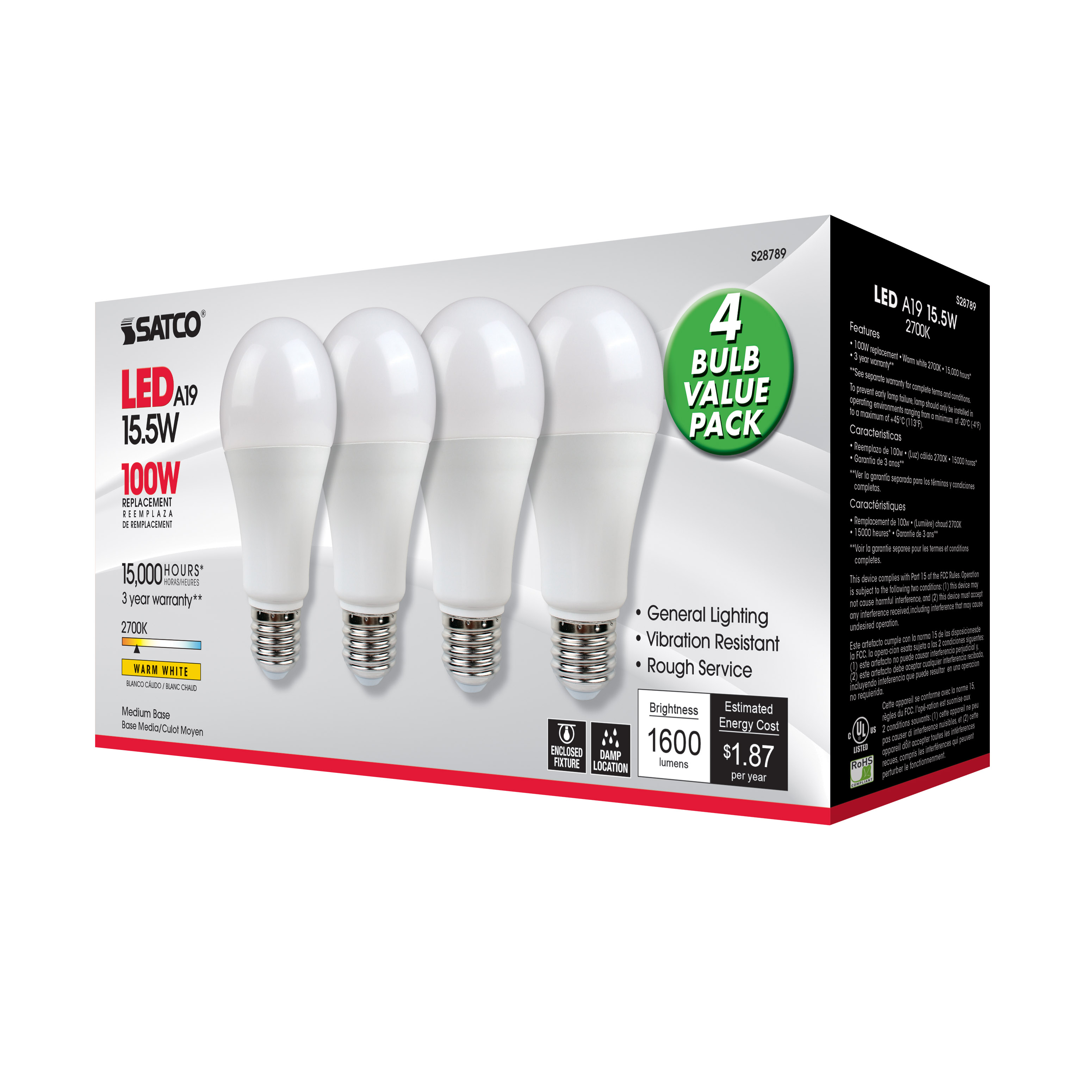 15.5A19/LED/27K/ND/120V/4PK - S28789