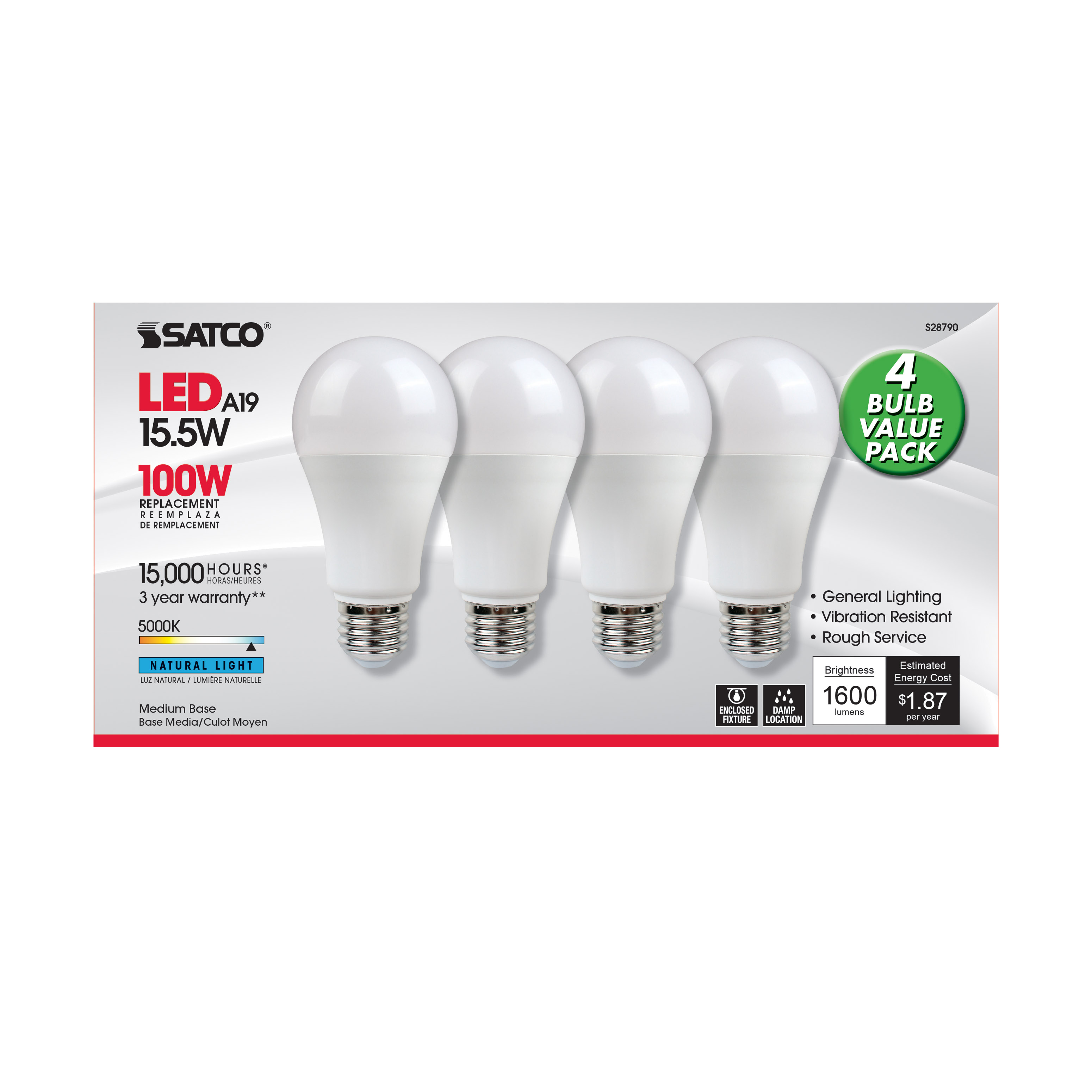 15.5A19/LED/50K/ND/120V/4PK - S28790