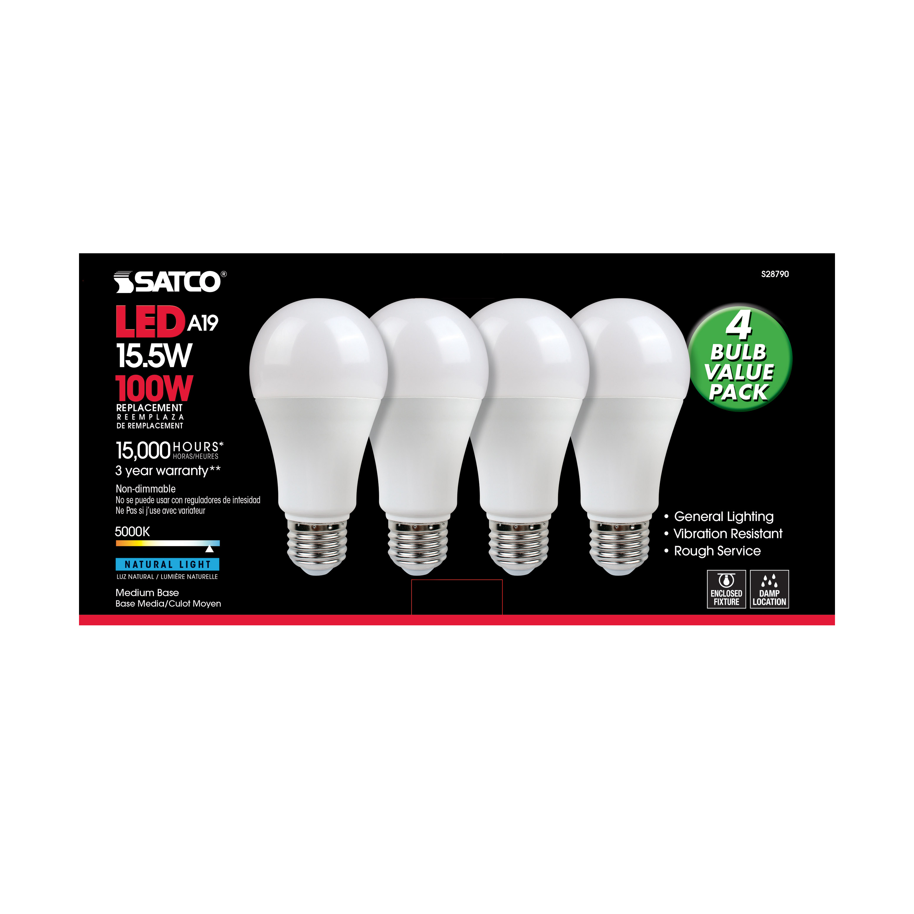 15.5A19/LED/50K/ND/120V/4PK - S28790