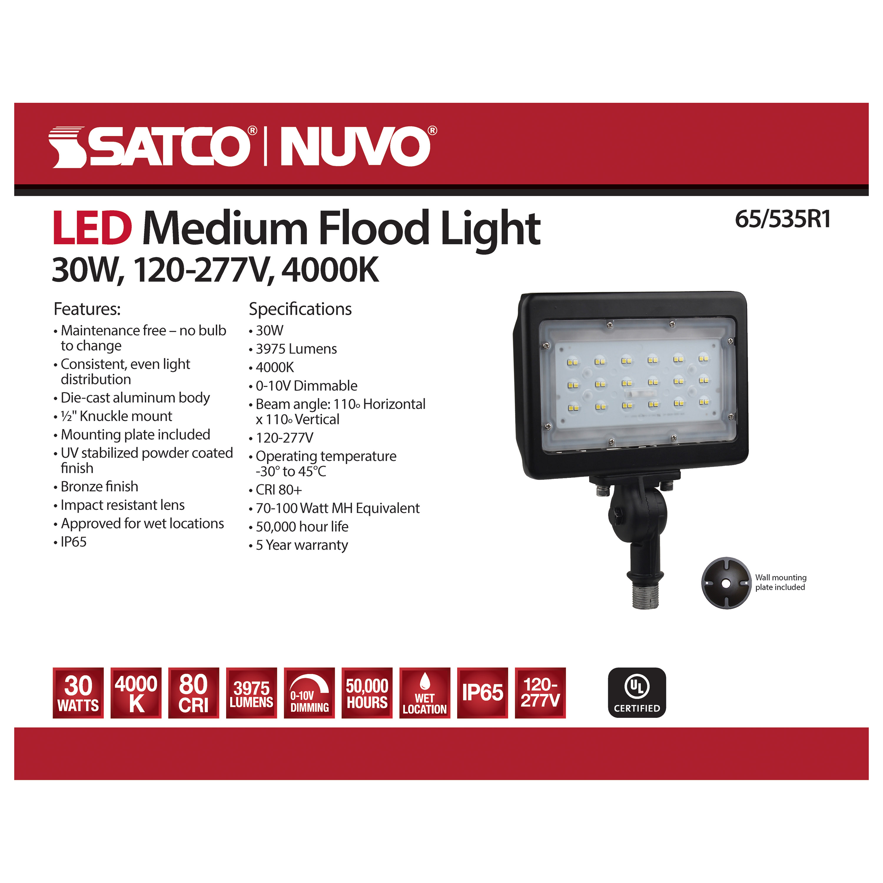 LED MEDIUM FLOOD 30W 4000K DIM - 65-535R1