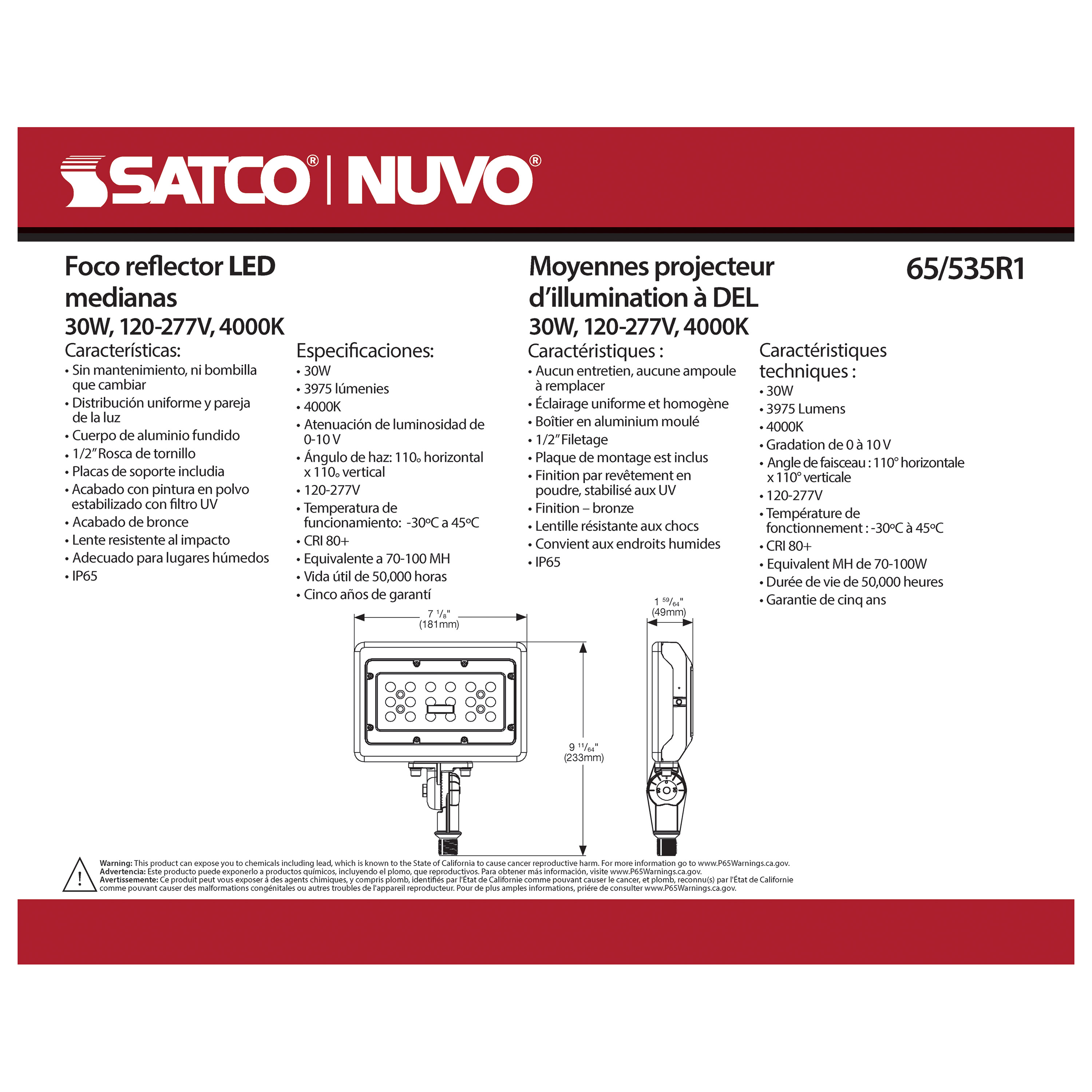 LED MEDIUM FLOOD 30W 4000K DIM - 65-535R1