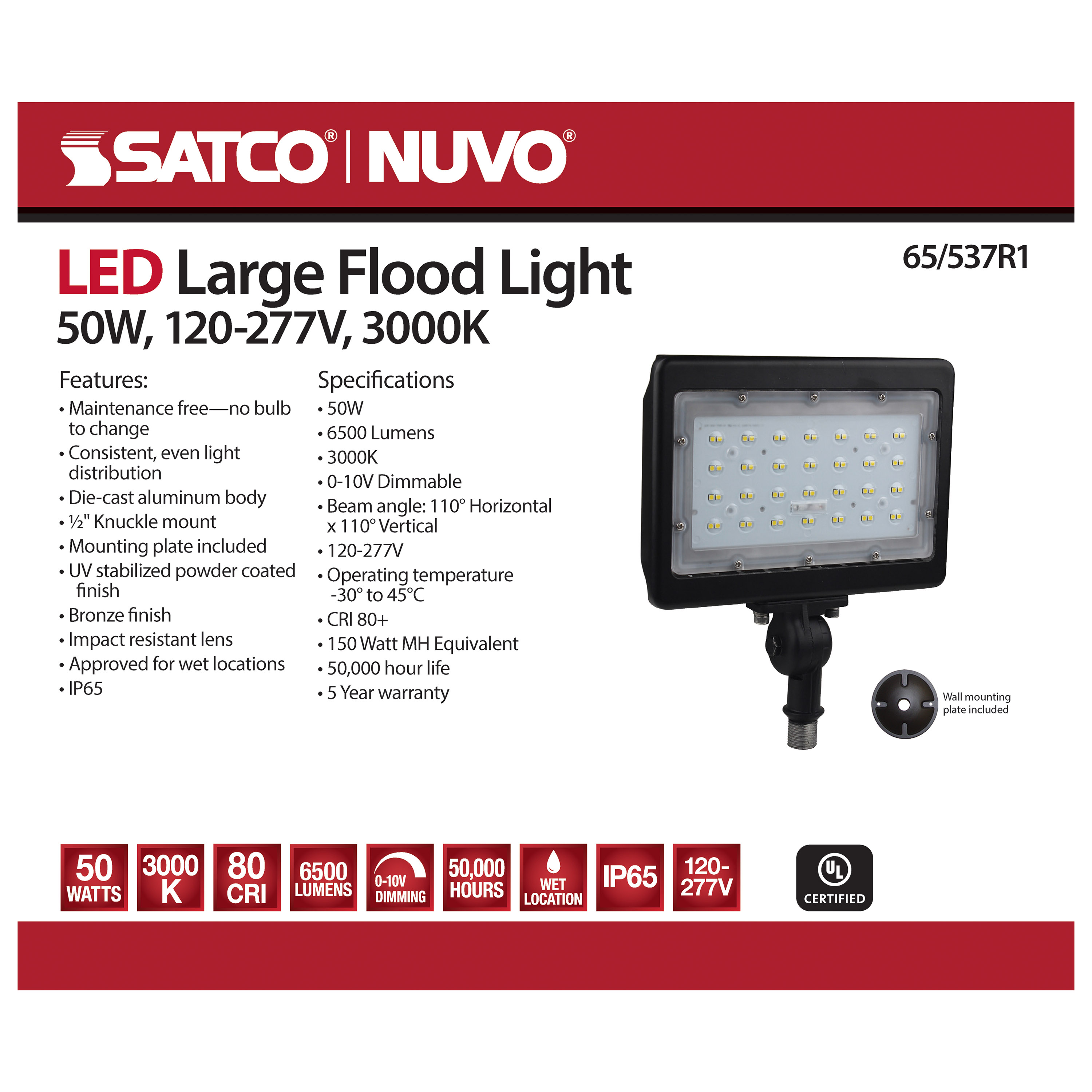 LED LARGE FLOOD 50W 3000K DIM - 65-537R1