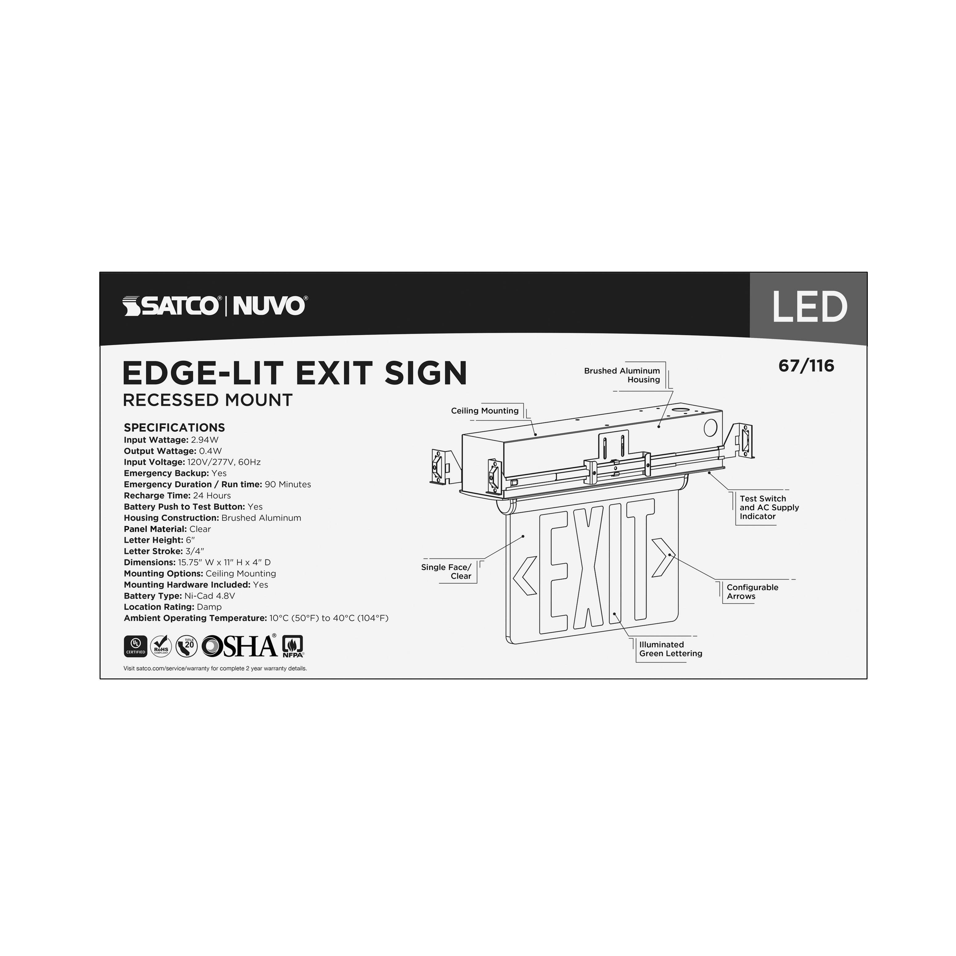 REC EL EXIT SIGN - SF GR CLR - 67-116