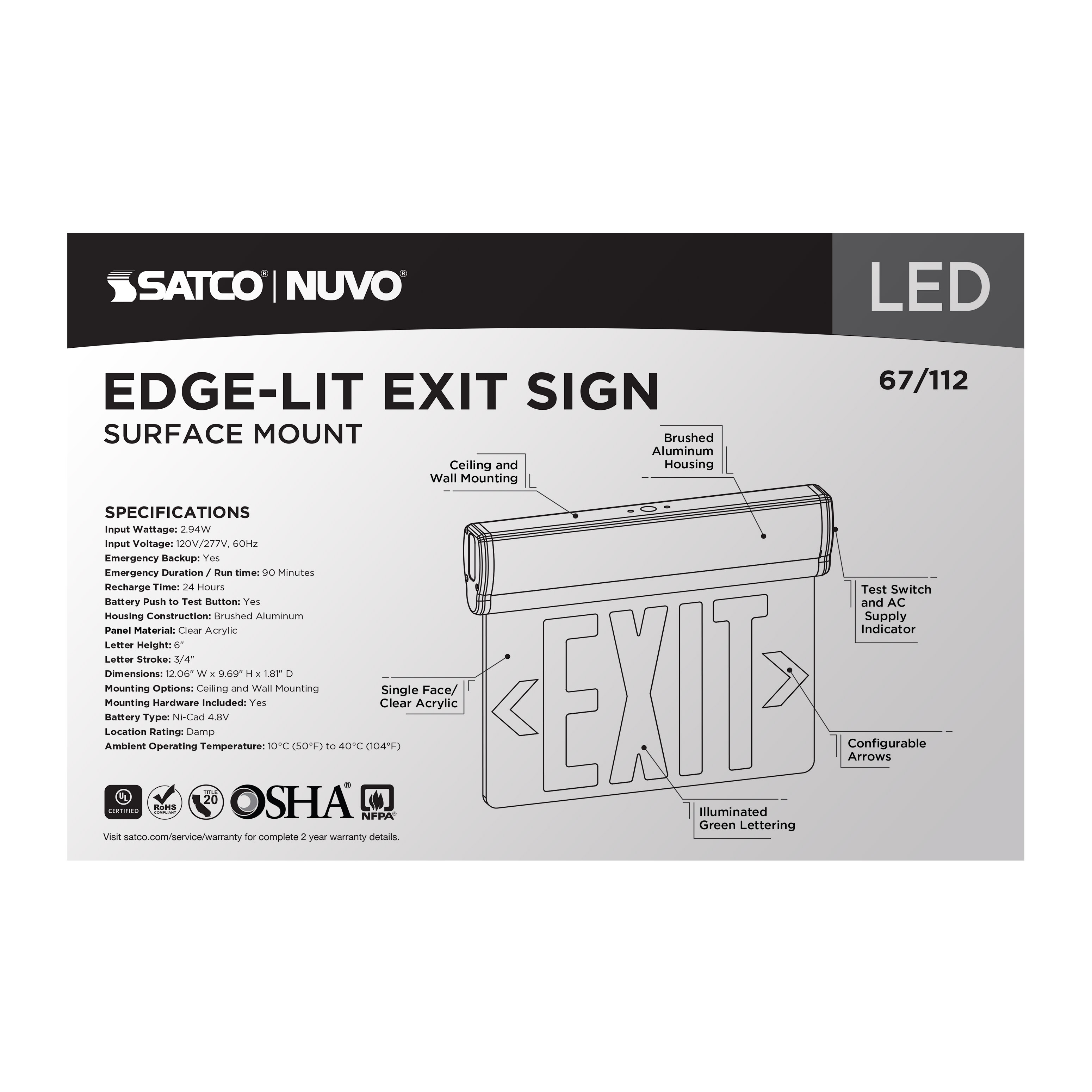 EL EXIT SIGN - SF GR CLR - 67-112