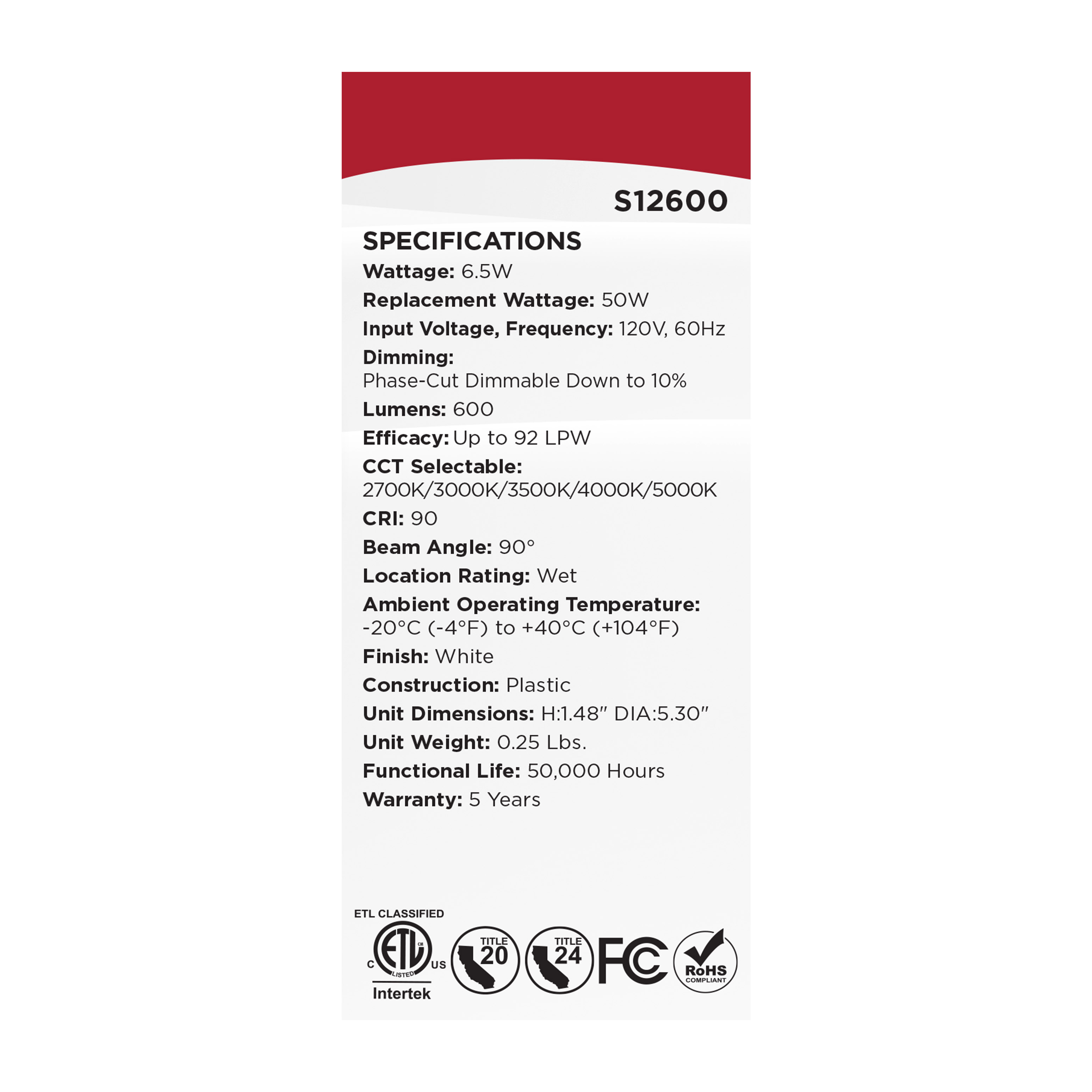 6WLED/DLR/4/5CCT/E/RND/WH - S12600