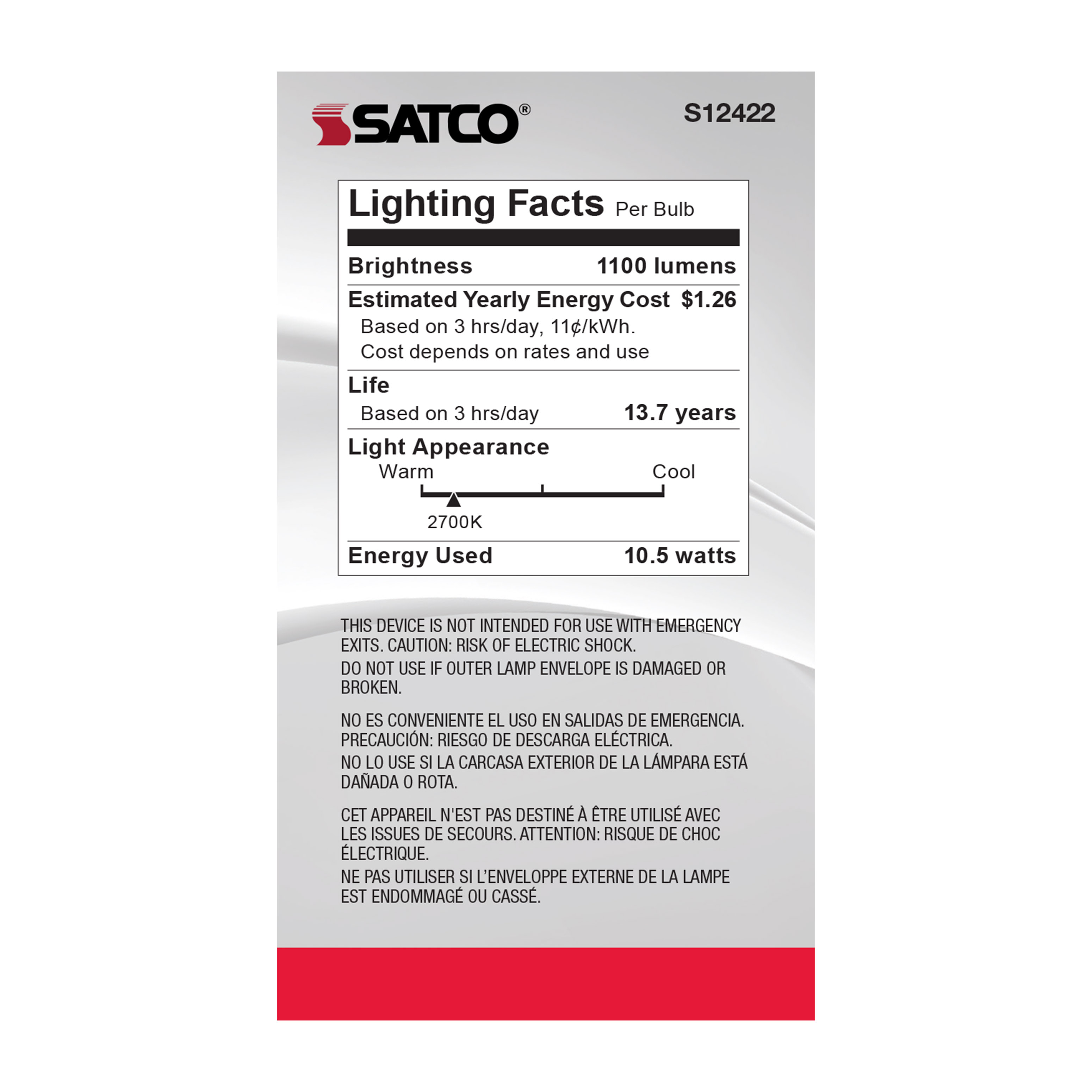 10.5A19/CL/LED/E26/927/120V - S12422