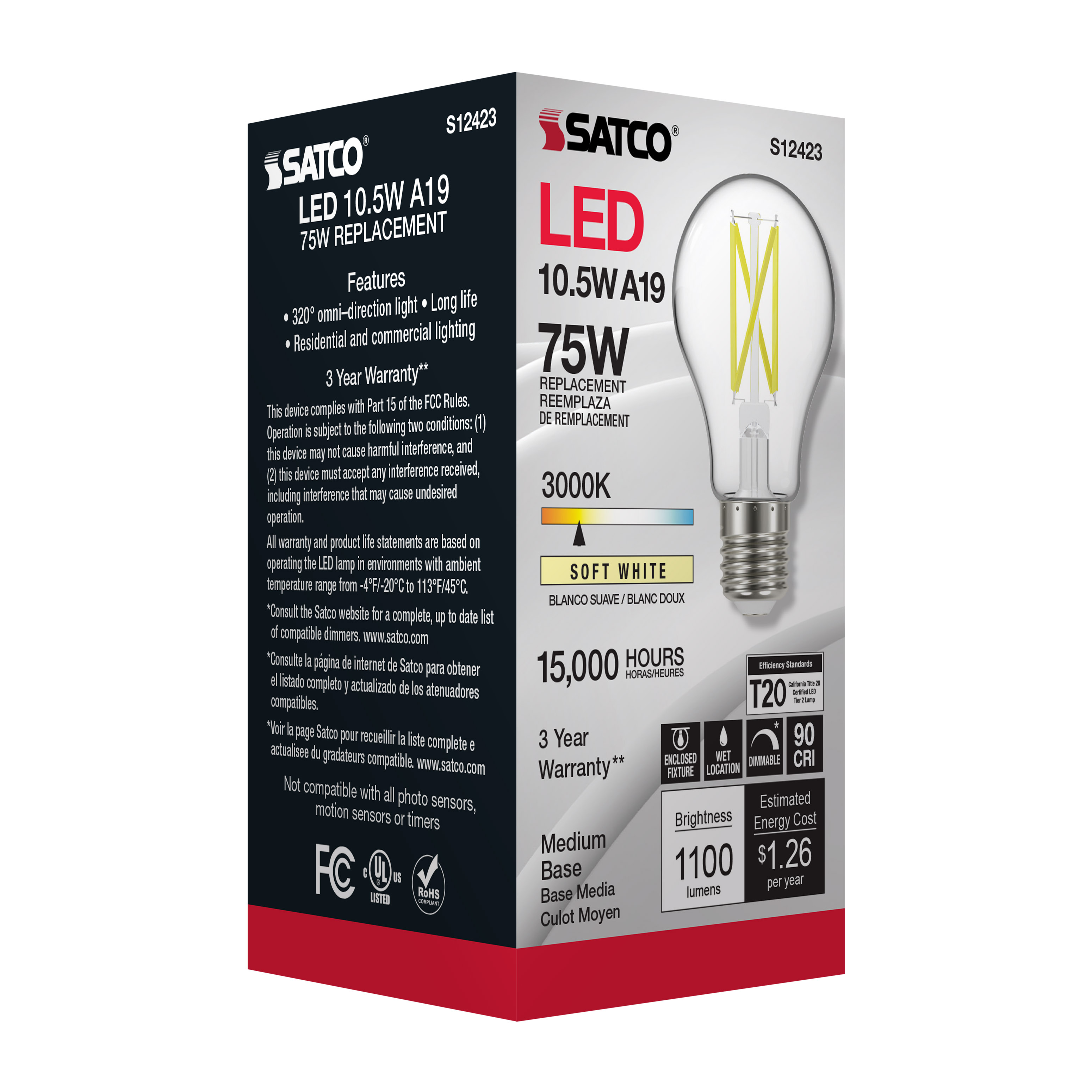 10.5A19/CL/LED/E26/930/120V - S12423