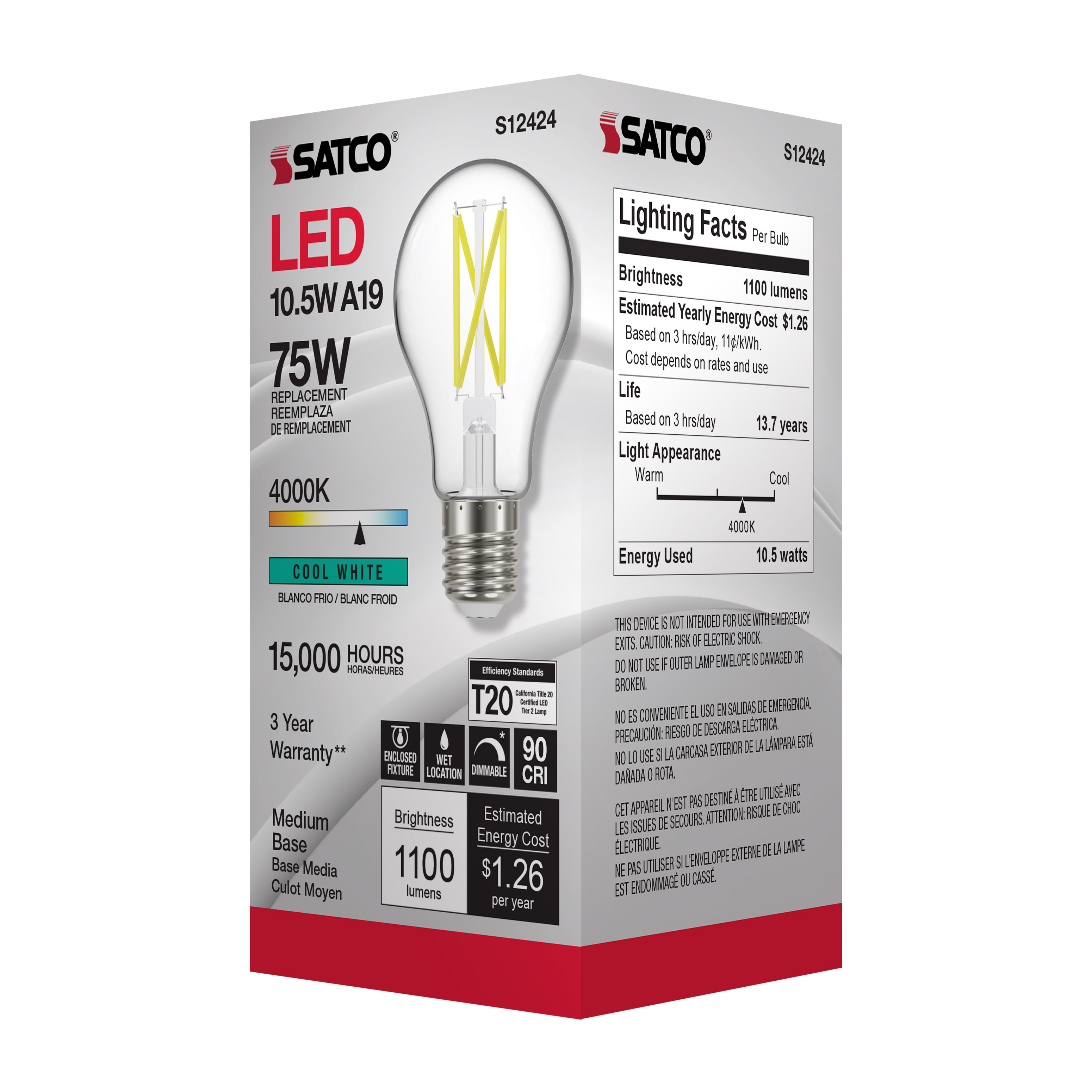 10.5A19/CL/LED/E26/940/120V - S12424