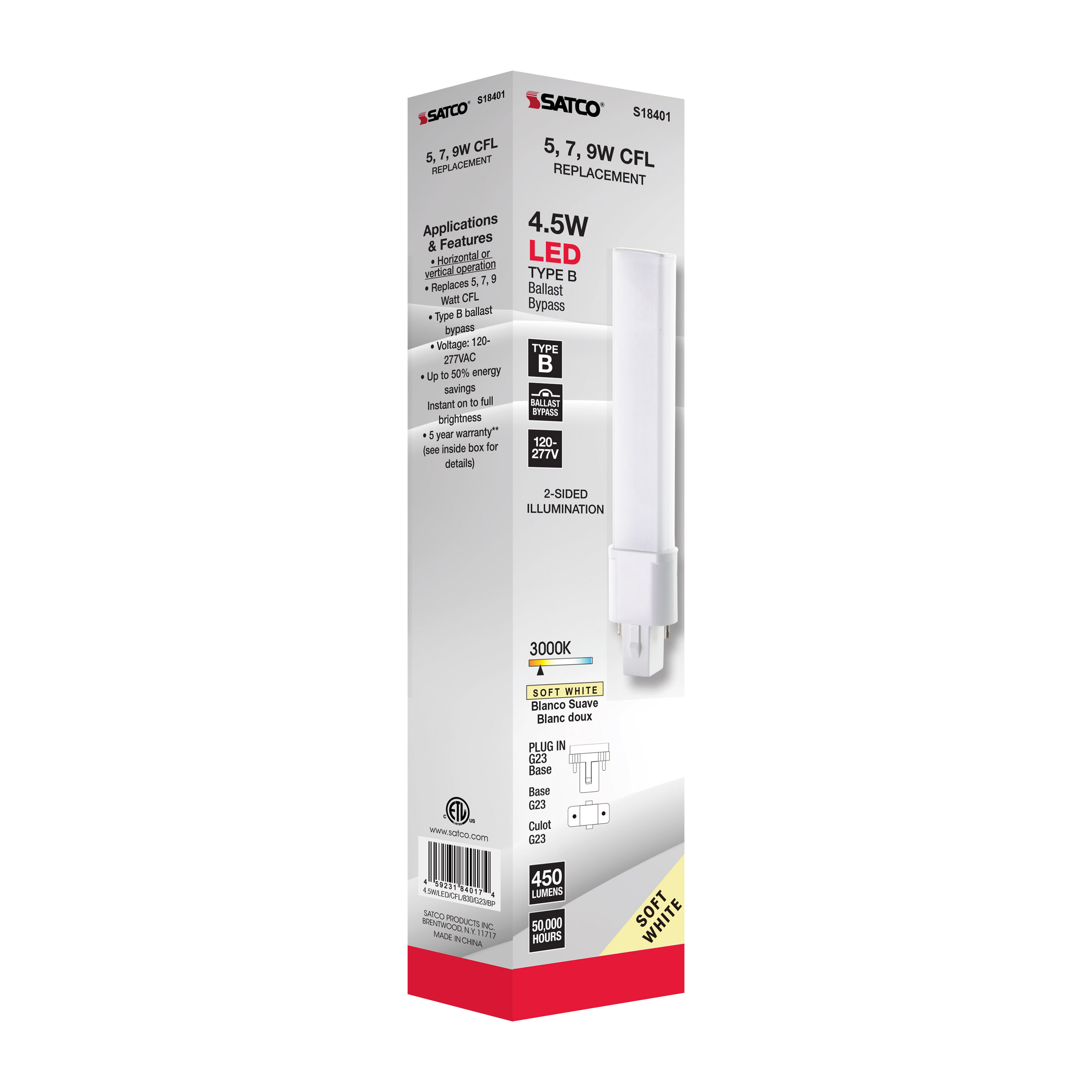 4.5W/LED/CFL/830/G23/BP - S18401