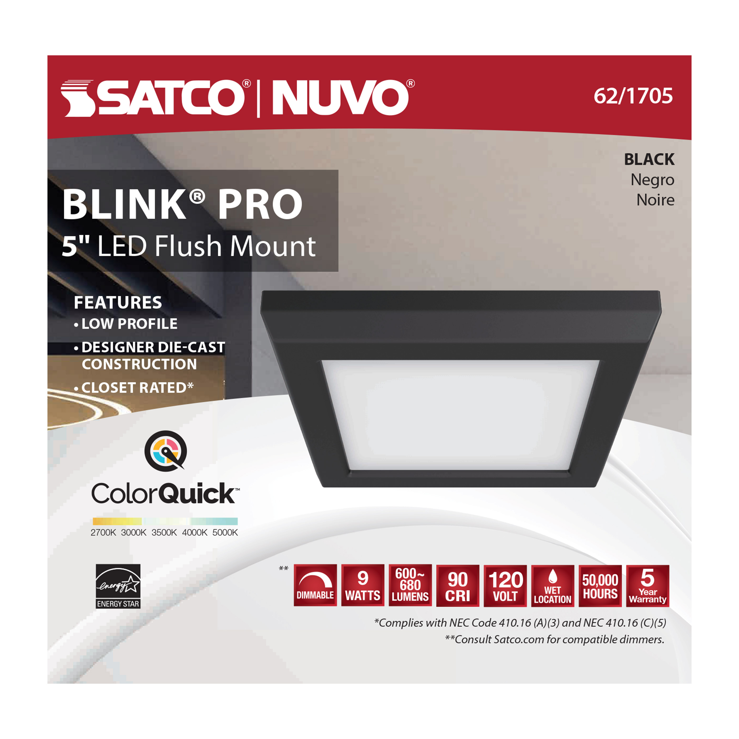 BLINK 9W LED 5" SQ BLACK - 62-1705