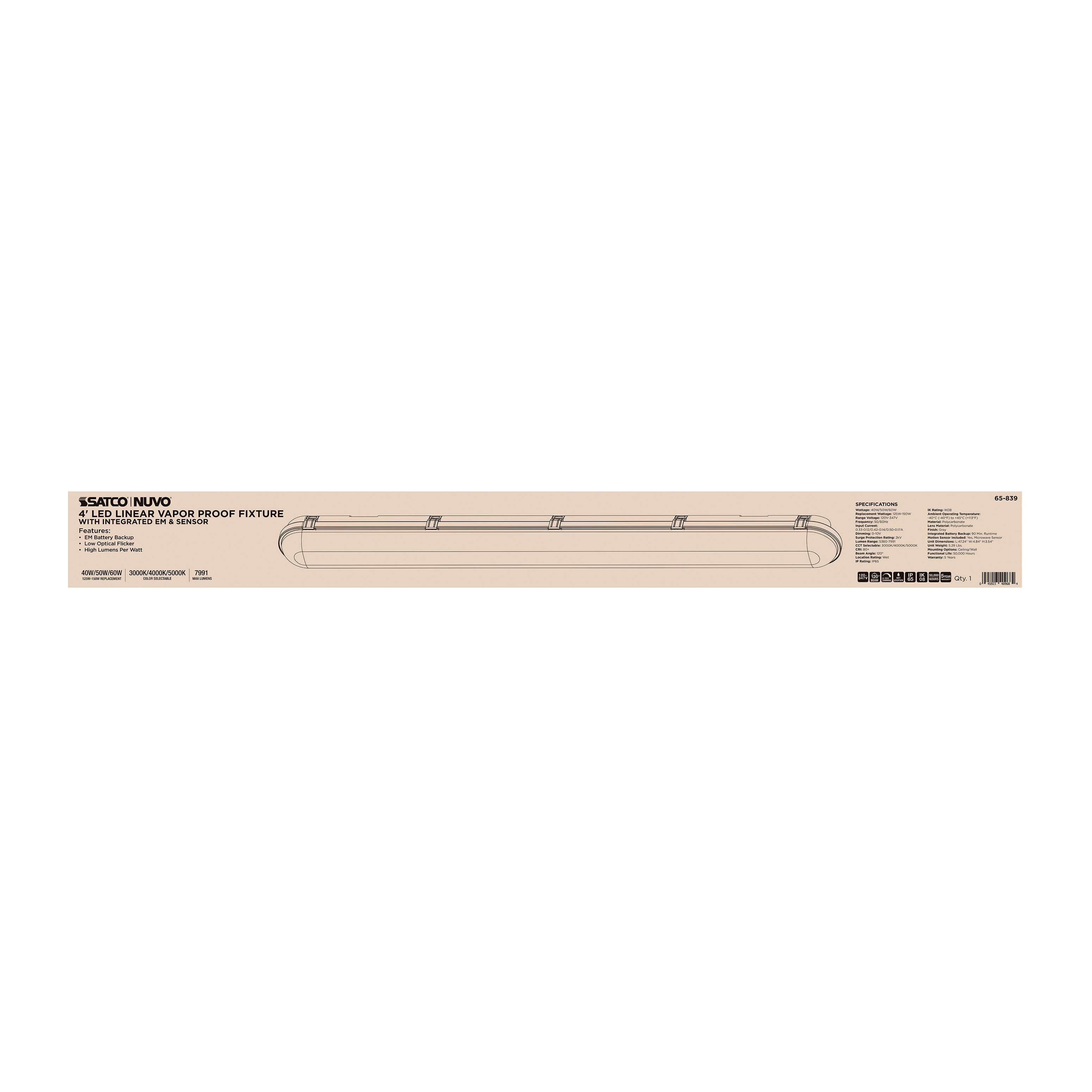 4' VAPOR PROOF W/EM & SENSOR - 65-839