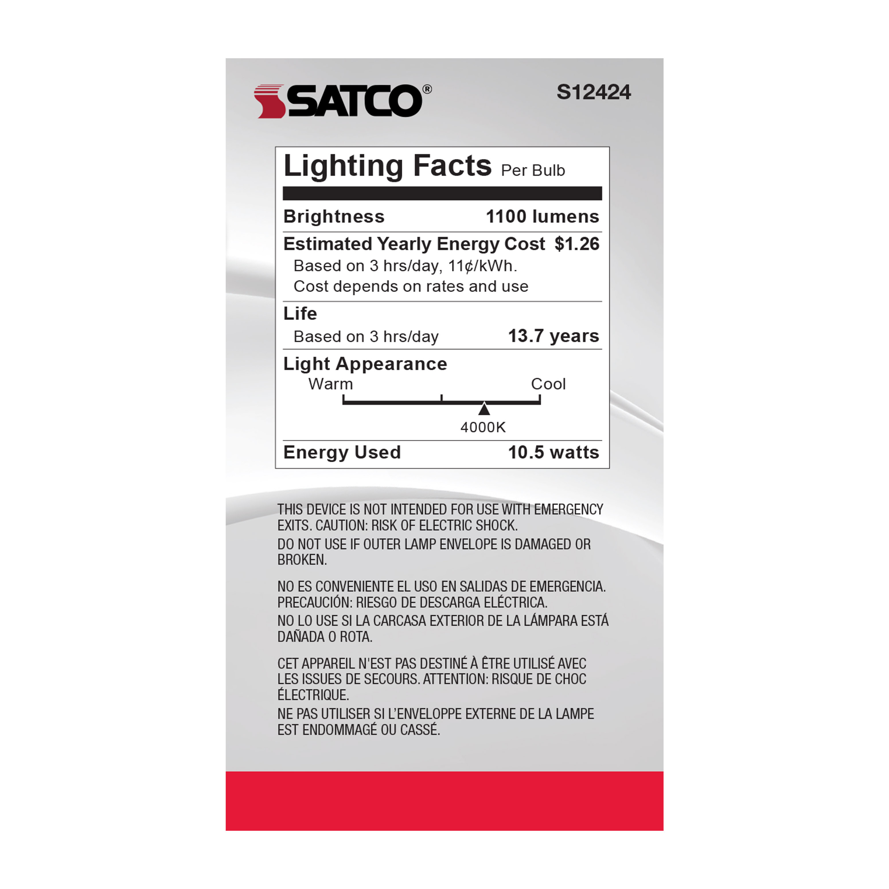 10.5A19/CL/LED/E26/940/120V - S12424