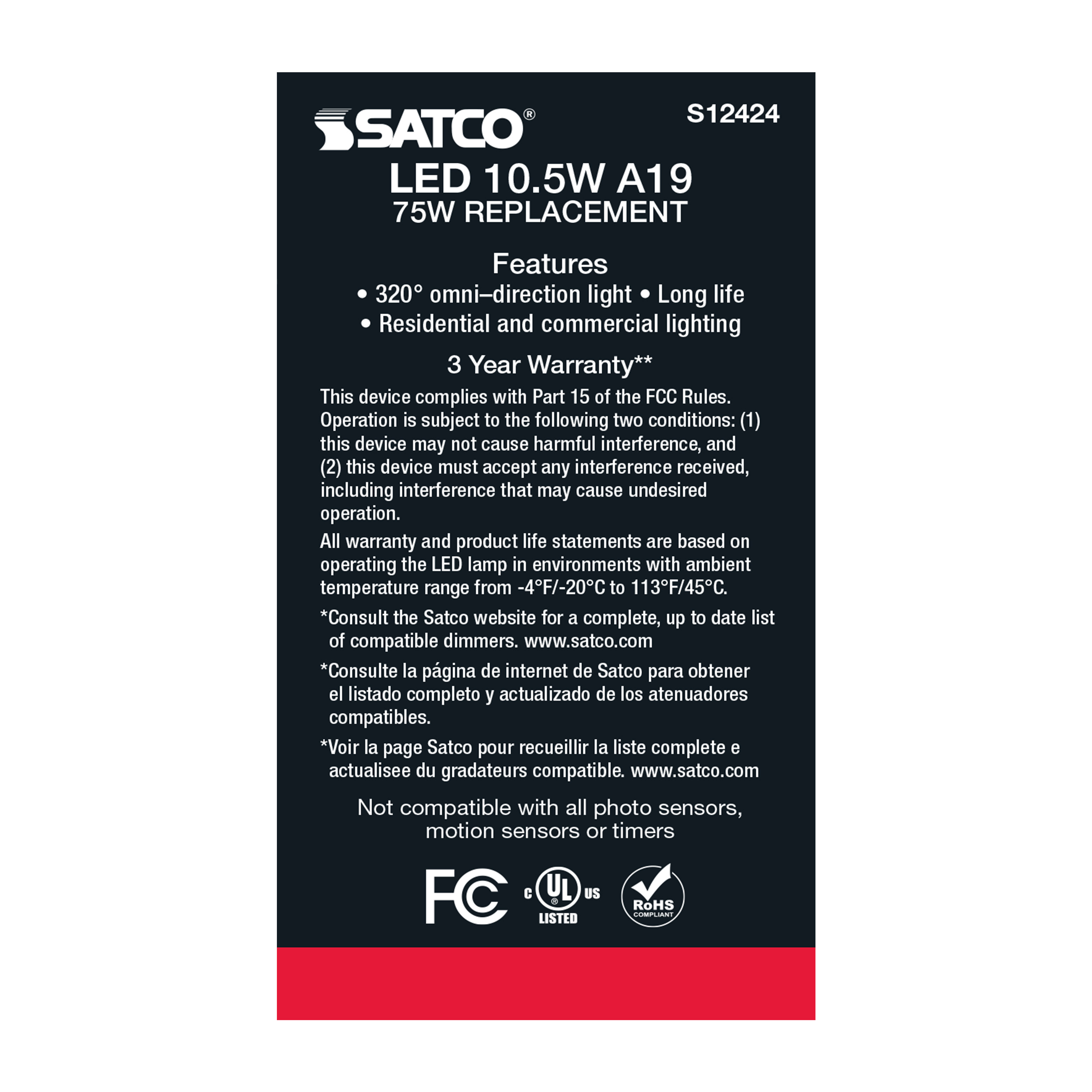 10.5A19/CL/LED/E26/940/120V - S12424