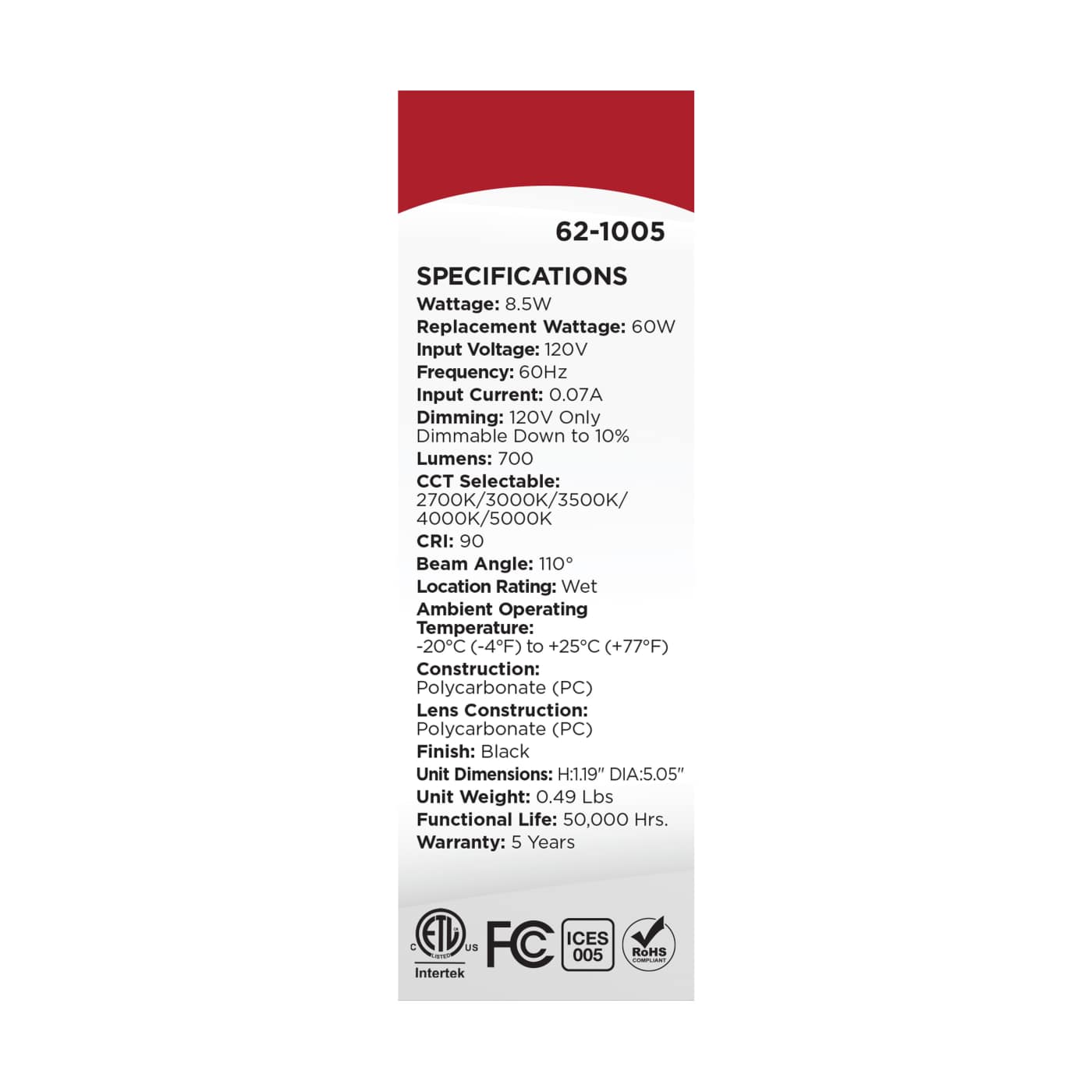 9W 5" 5CCT 120V BLK FIXTURE - 62-1005