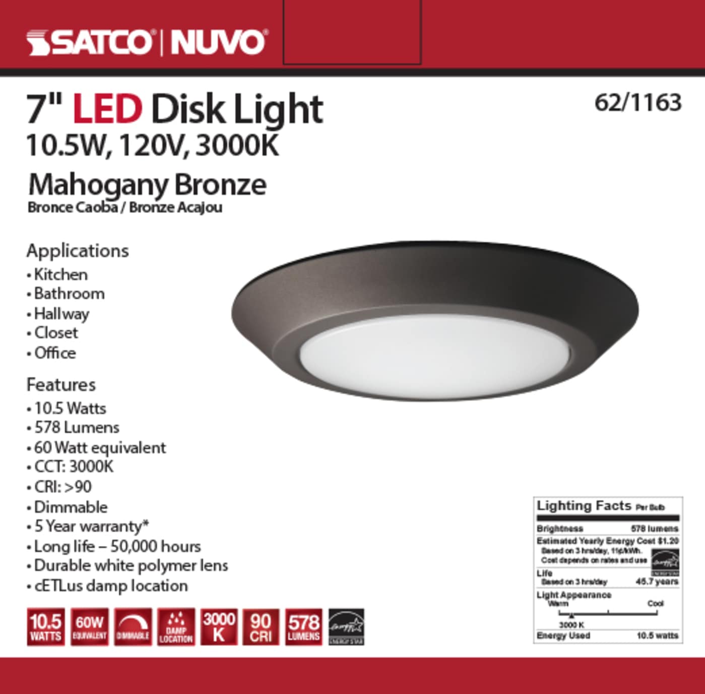 7" LED DISK LIGHT MAHOGANY BRZ - 62-1163