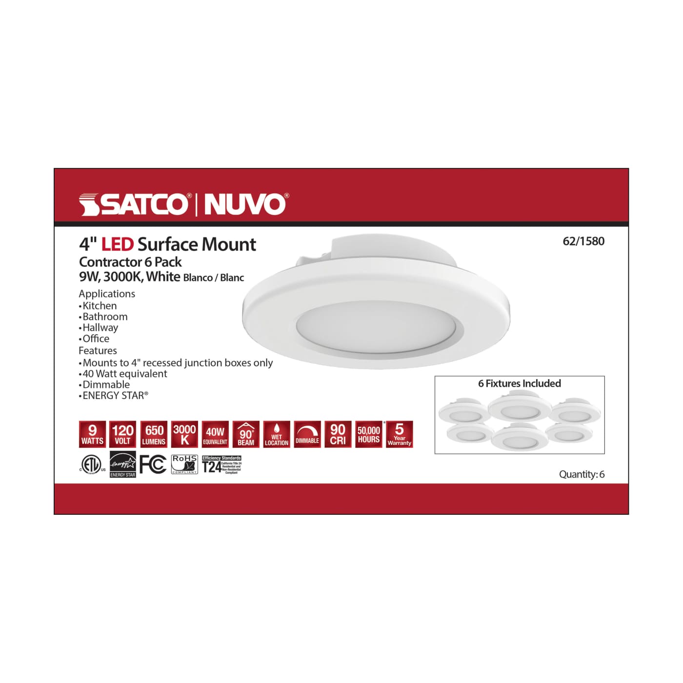 6PK-4"SURFACE MOUNT - WHITE - 62-1580