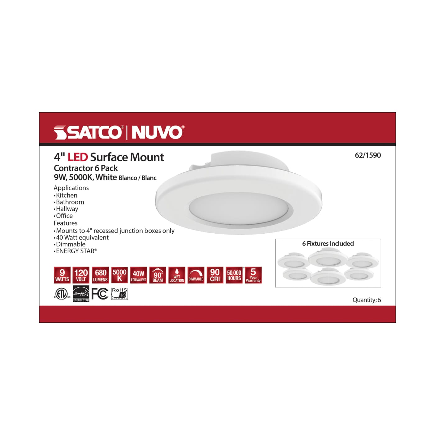 6PK 4"LED SURFACE MOUNT WHITE - 62-1590