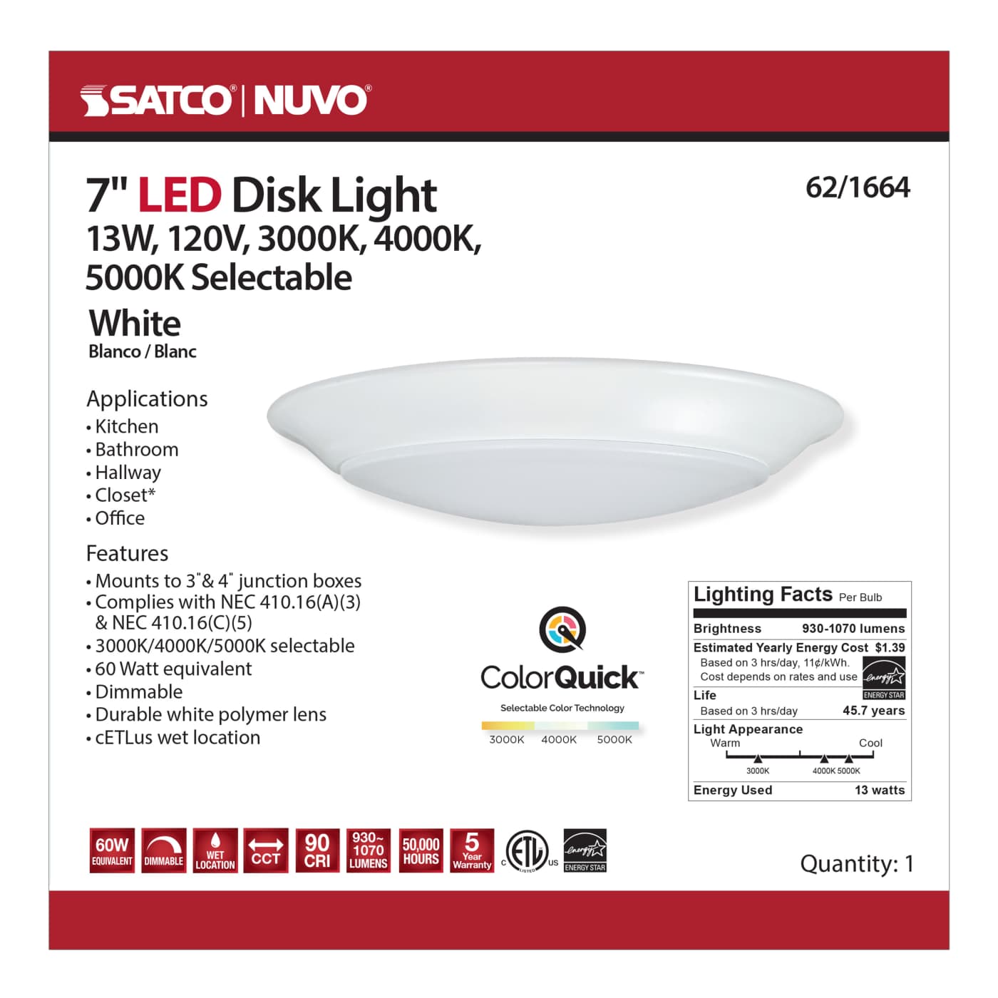 7" LED DISK LIGHT WHITE FINISH - 62-1664
