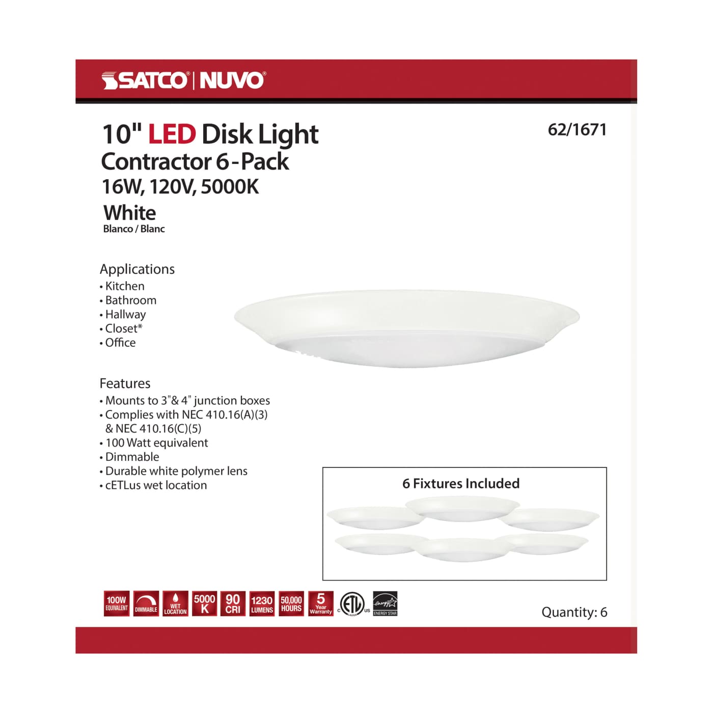 10" LED DISK LIGHT WHITE FIN - 62-1671