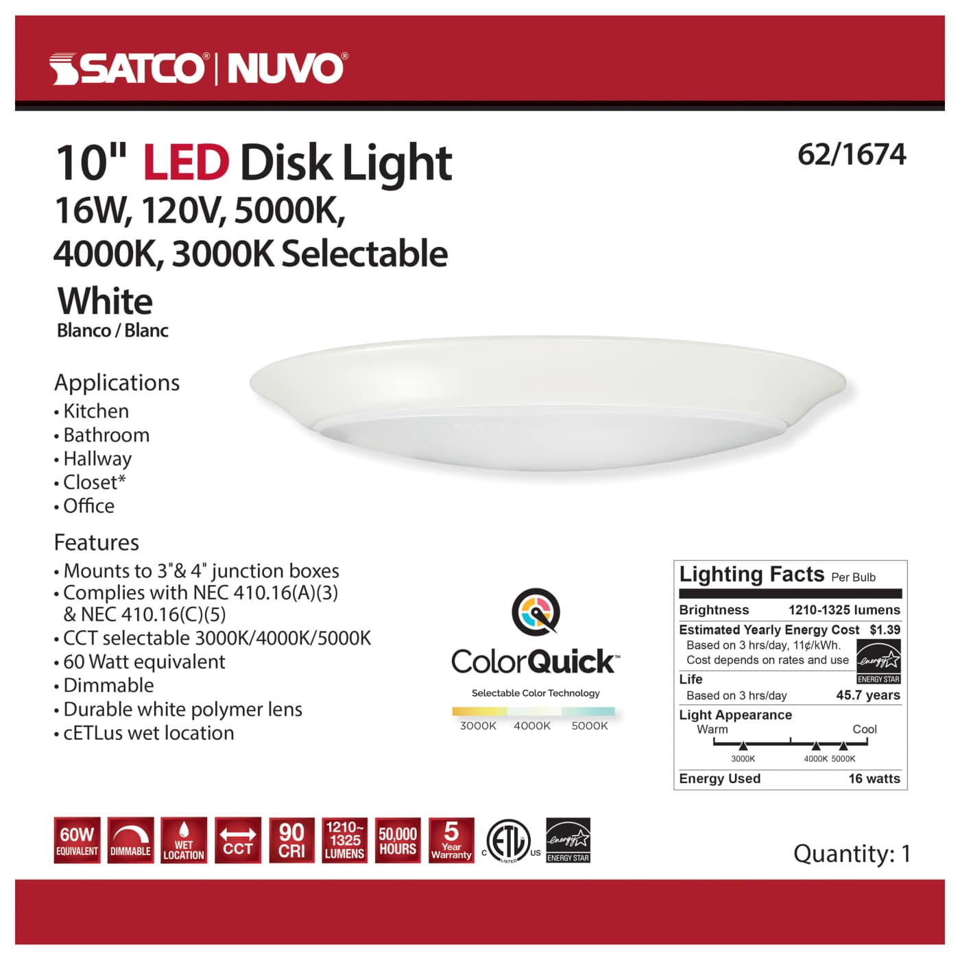 10" LED DISK LIGHT WHITE FIN - 62-1674