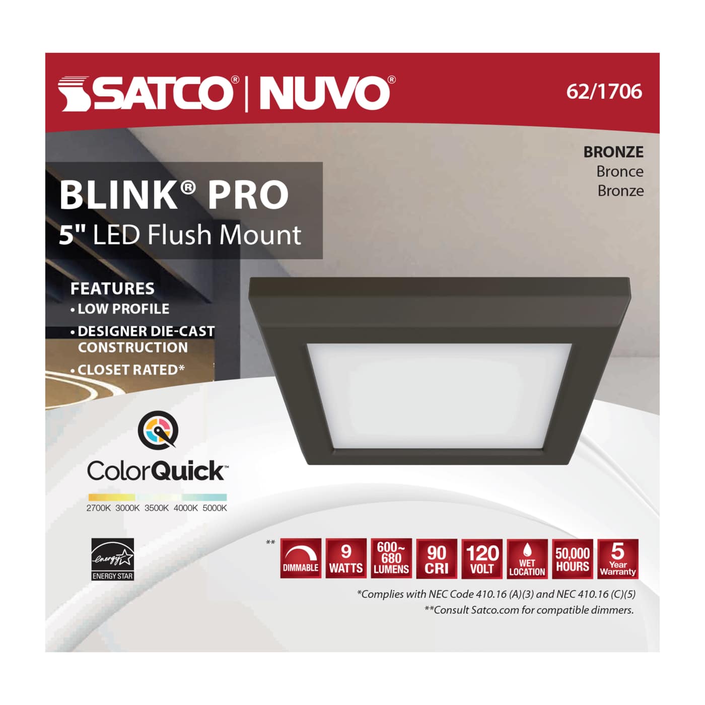 BLINK 9W LED 5" SQ BRONZE - 62-1706