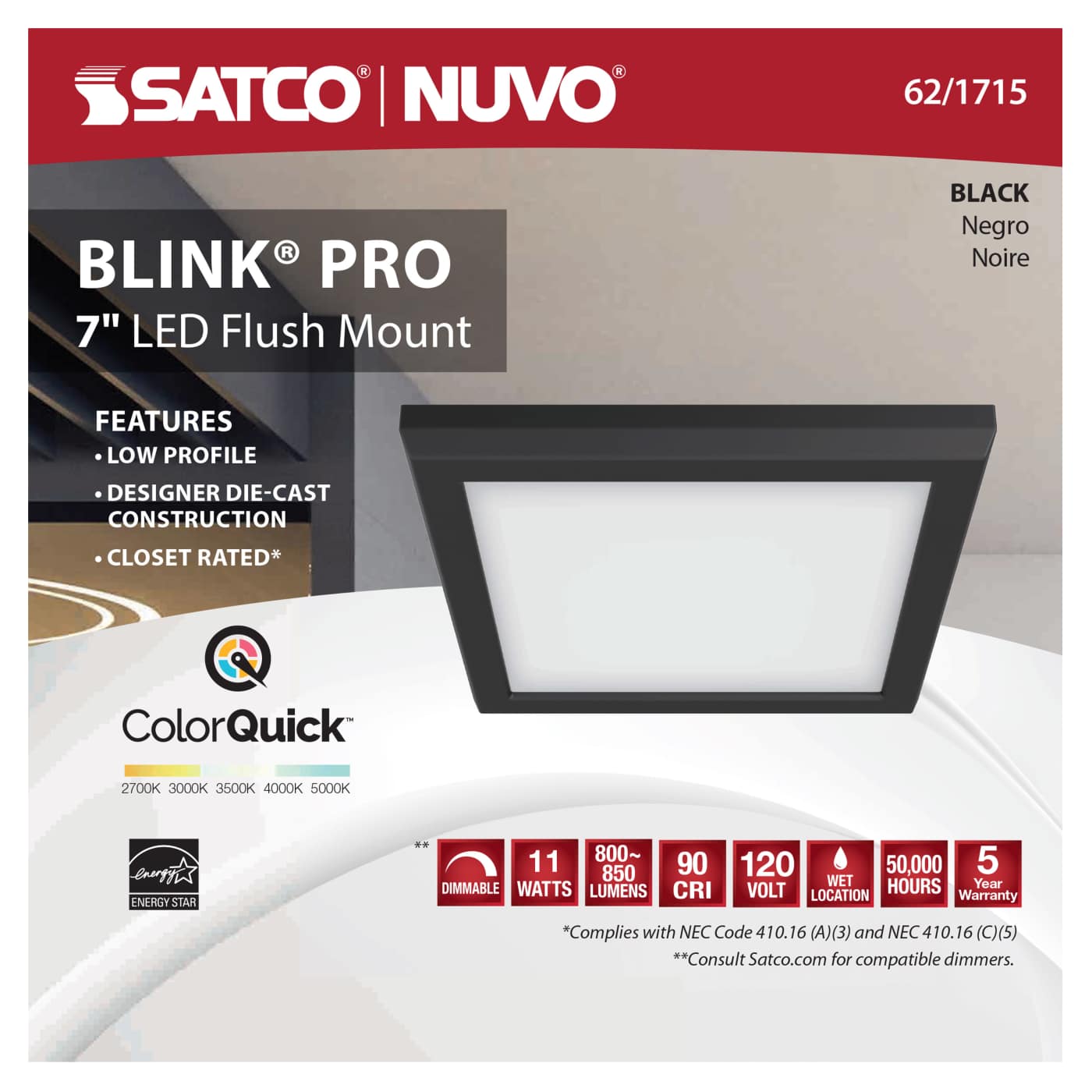 BLINK 11W LED 7" SQ BLACK - 62-1715