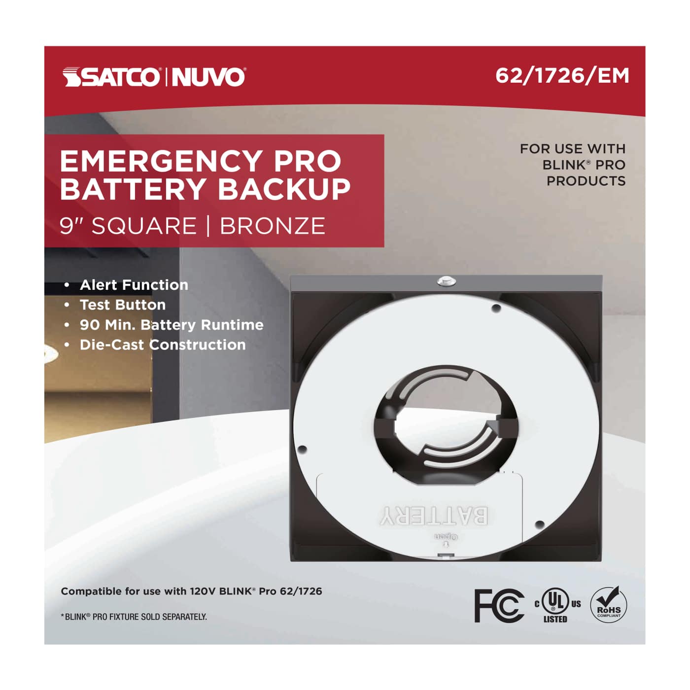 9" SQ BLINK PRO EM BATT BACKUP - 62-1726-EM