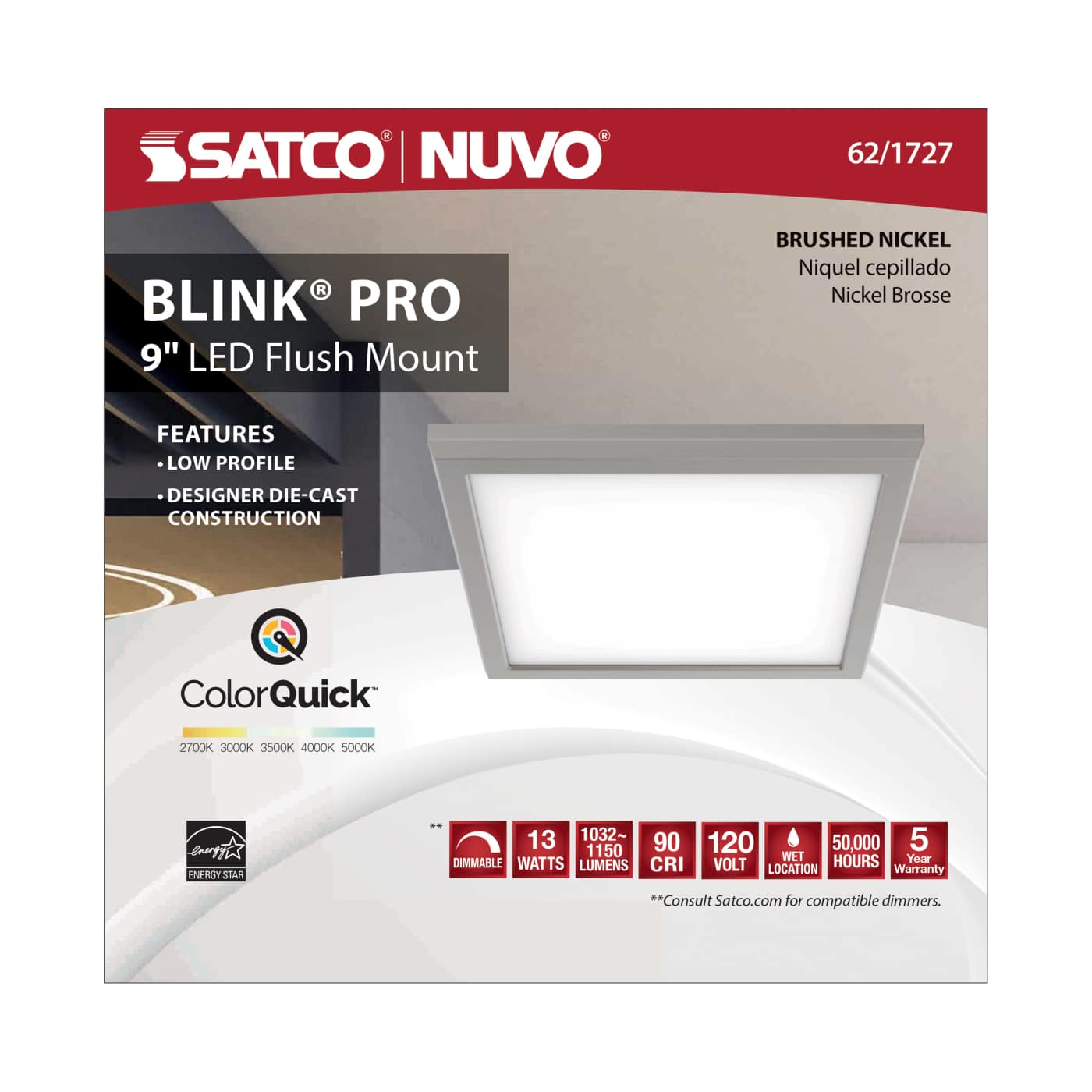 BLINK 13W LED 9" SQ BR. NICKEL - 62-1727