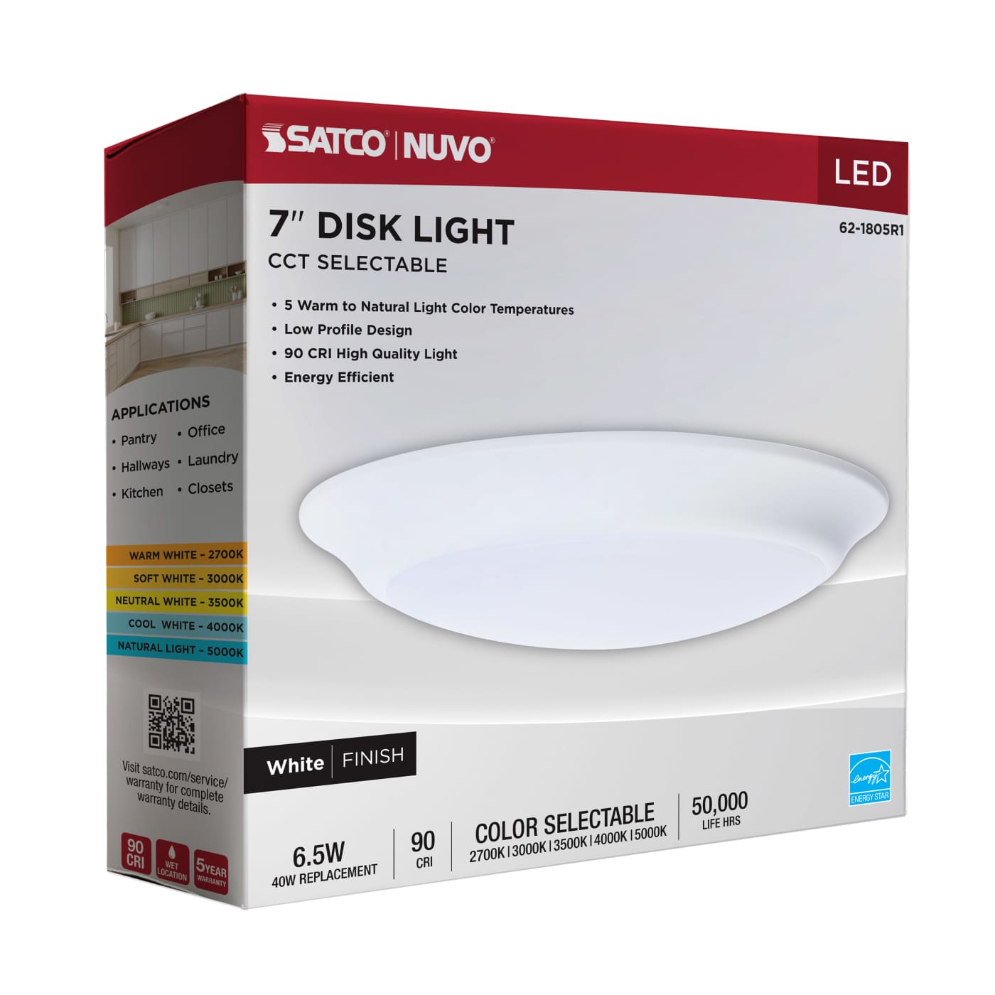 7" LED 6.5W DISK LIGHT WHITE - 62-1805R1