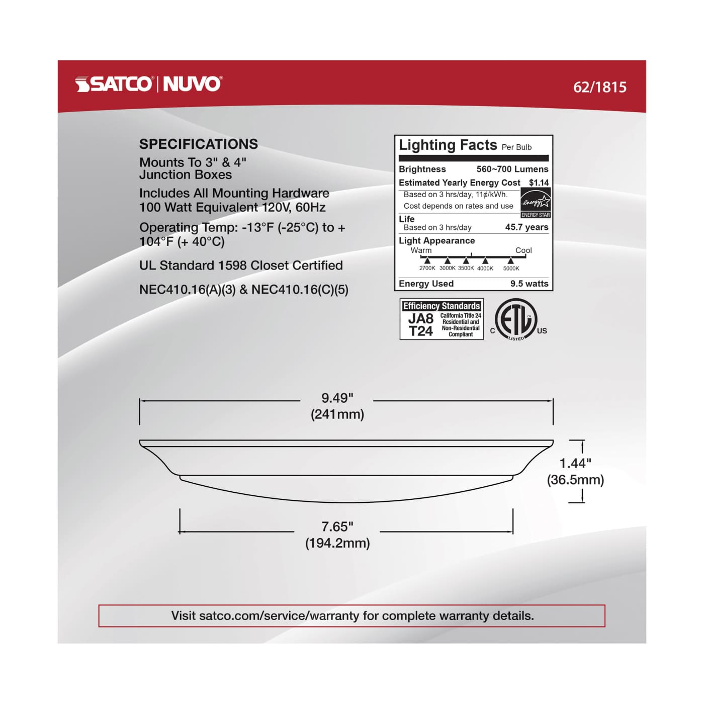 10" LED 9.5W DISK LIGHT WHITE - 62-1815