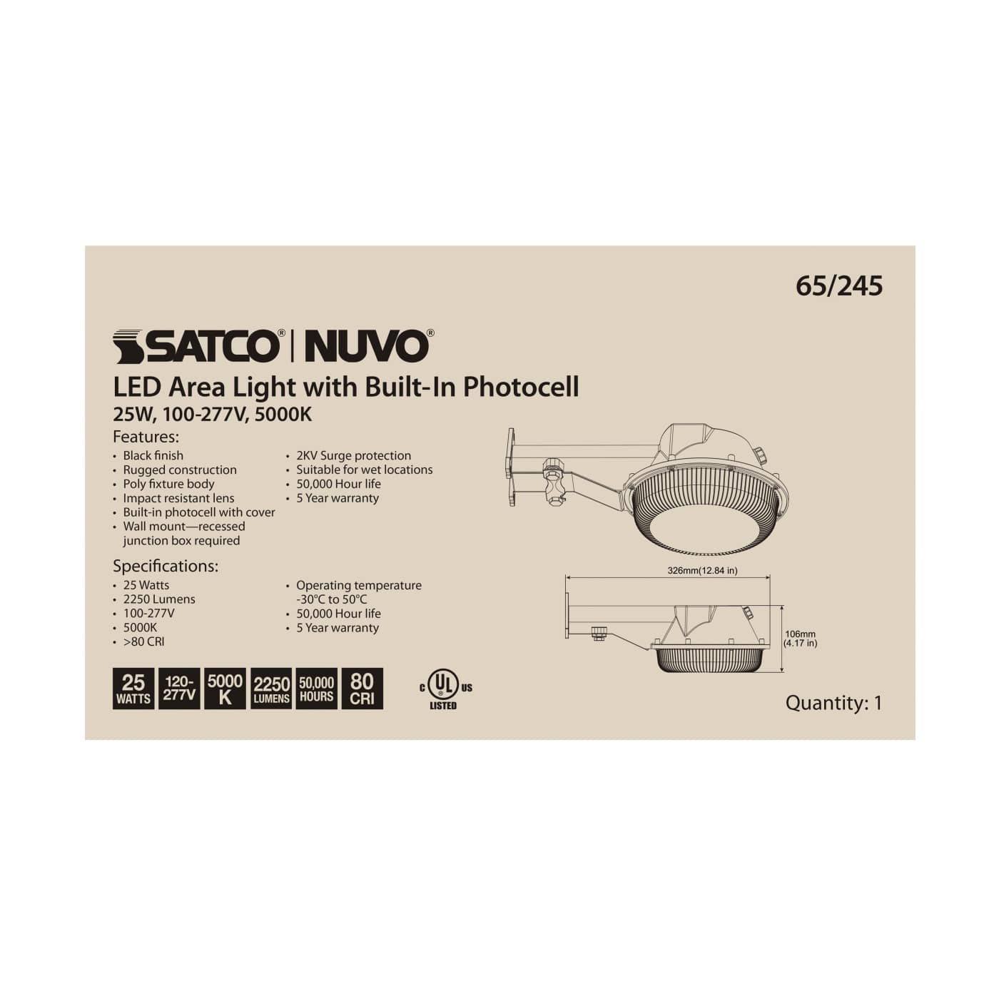 25W LED AREA LIGHT W/PHOTOCELL - 65-245