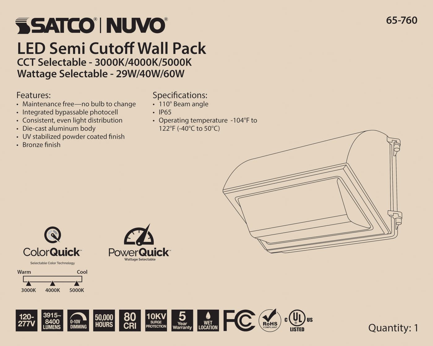 LED CUTOFF WALL PACK CCT&WATT - 65-760