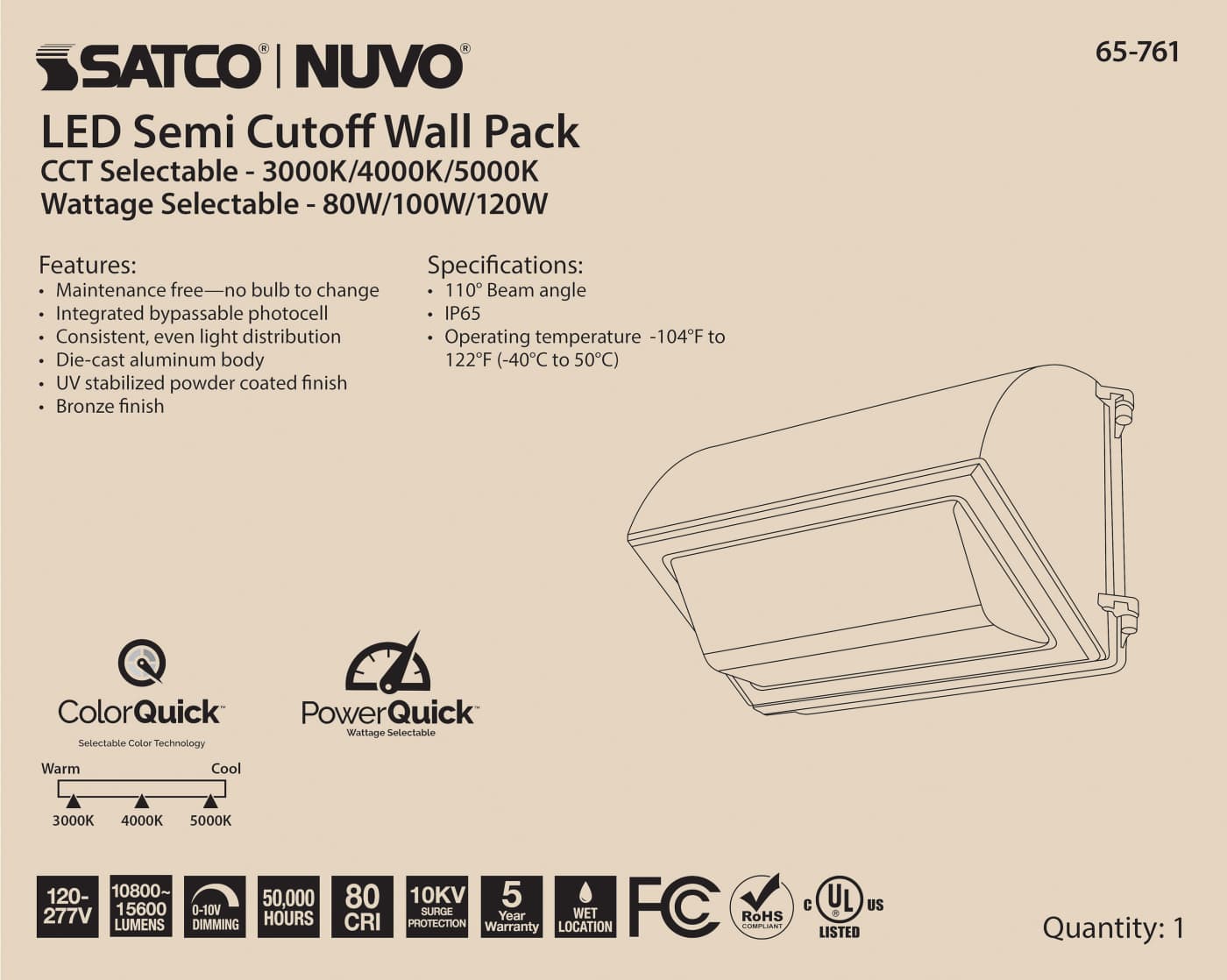 LED CUTOFF WALL PACK CCT&WATT - 65-761