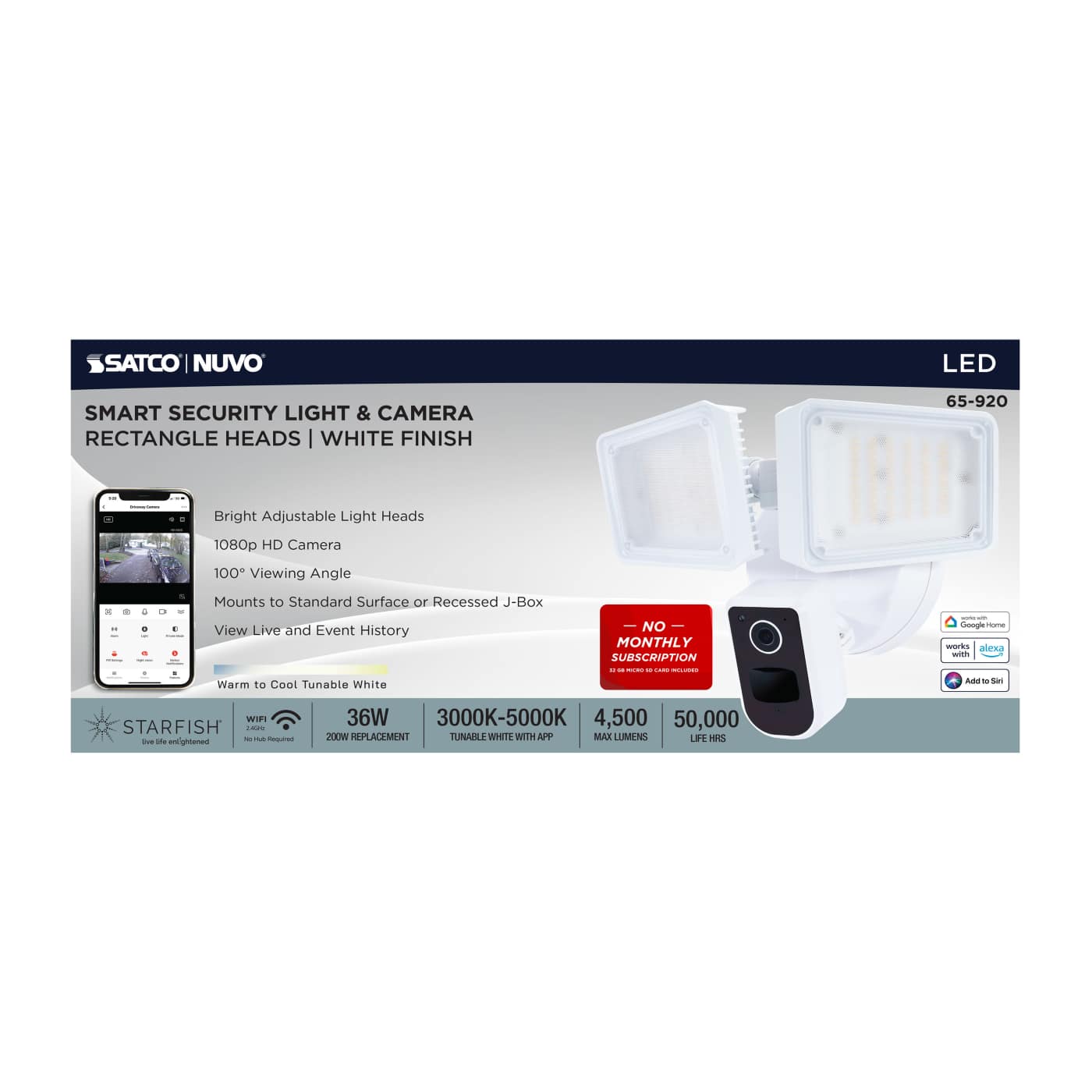 RECT SEC LGT W/ CAM-WHITE - 65-920