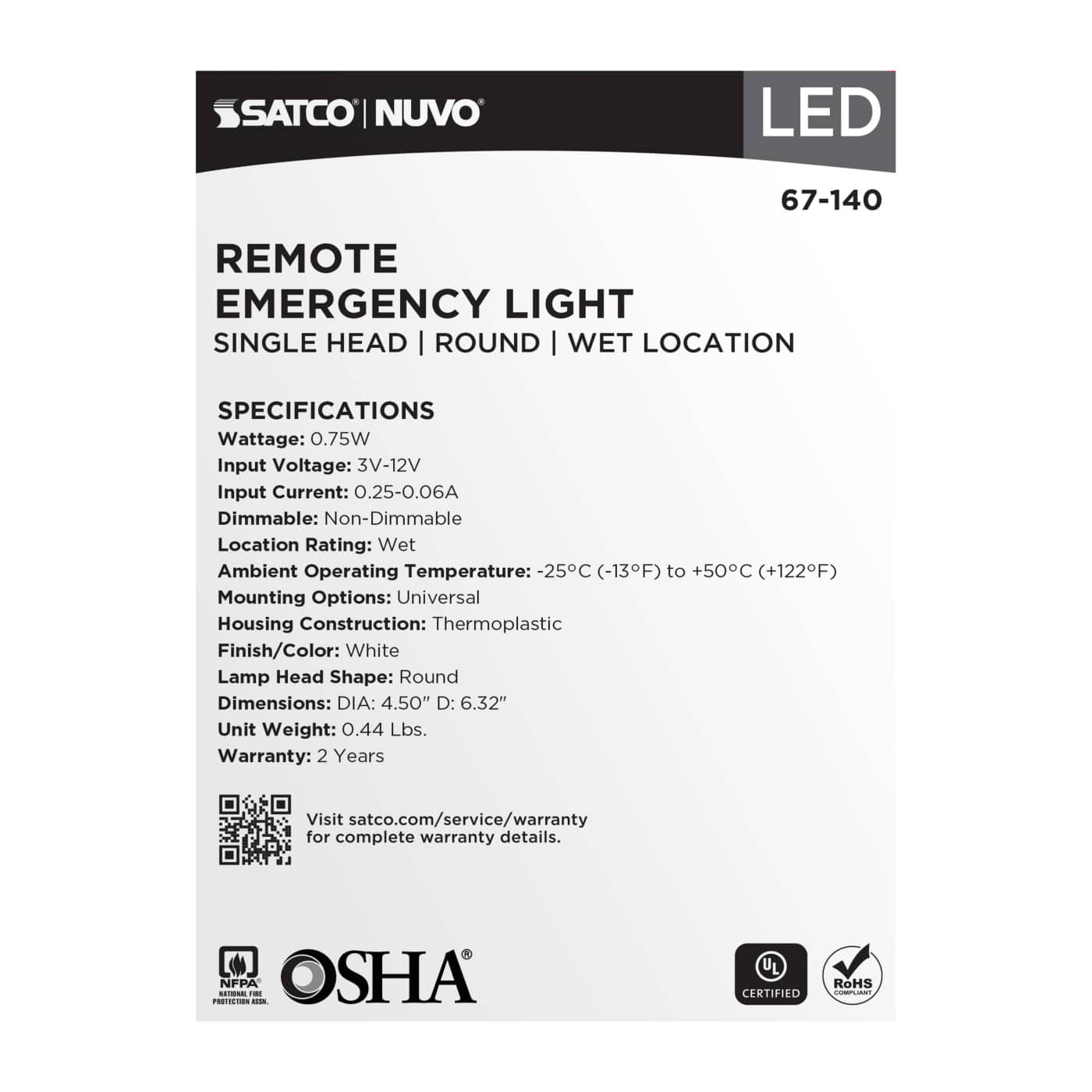 REMOTE EMERG LIGHT WP LP - 67-140