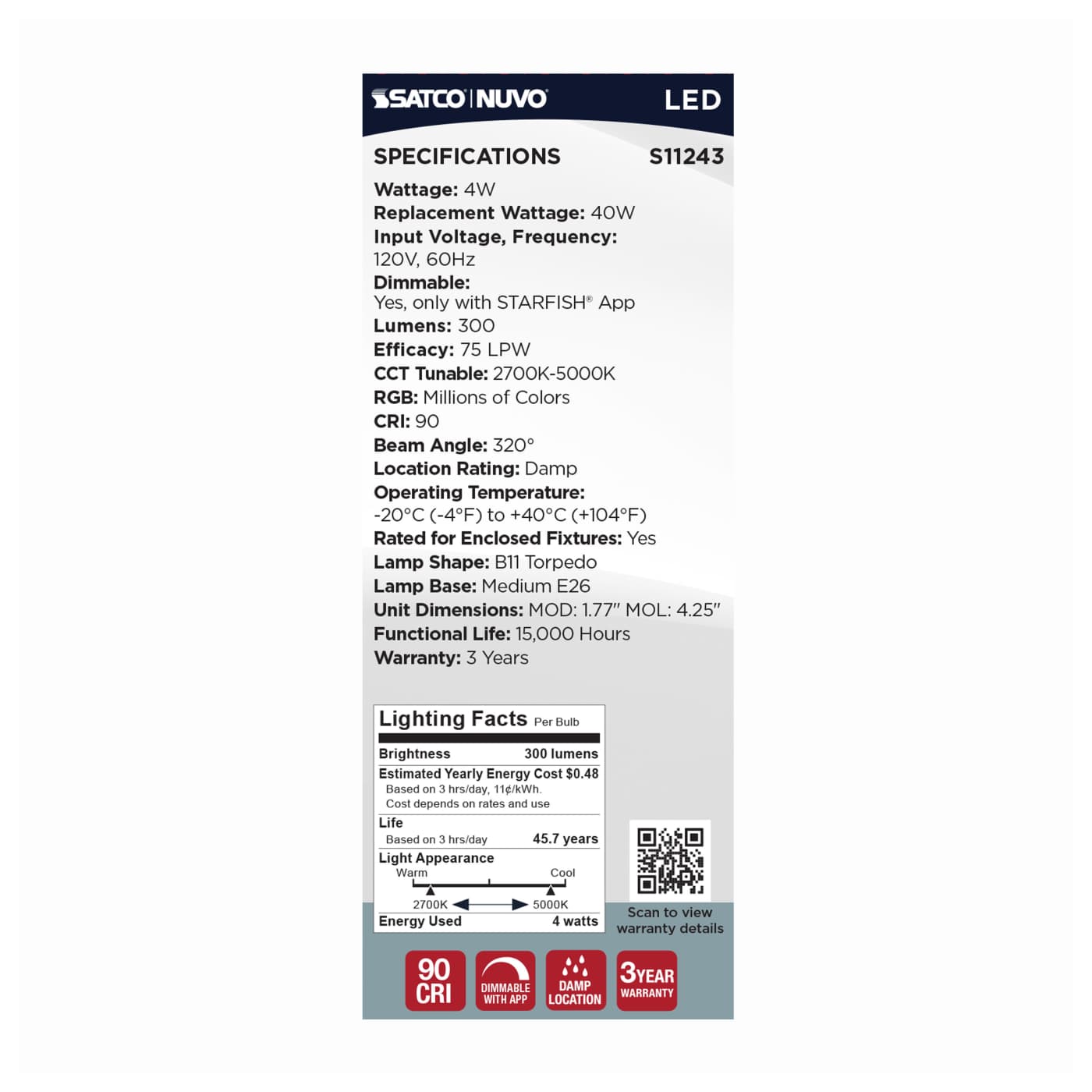 B11/4W/LED/RGBTW/CL/E26 - S11243