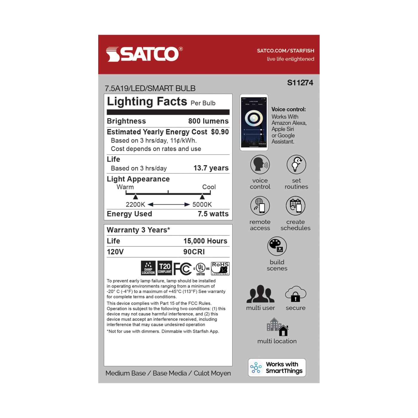 7.5A19/LED/TW/CL/T20/SF - S11274