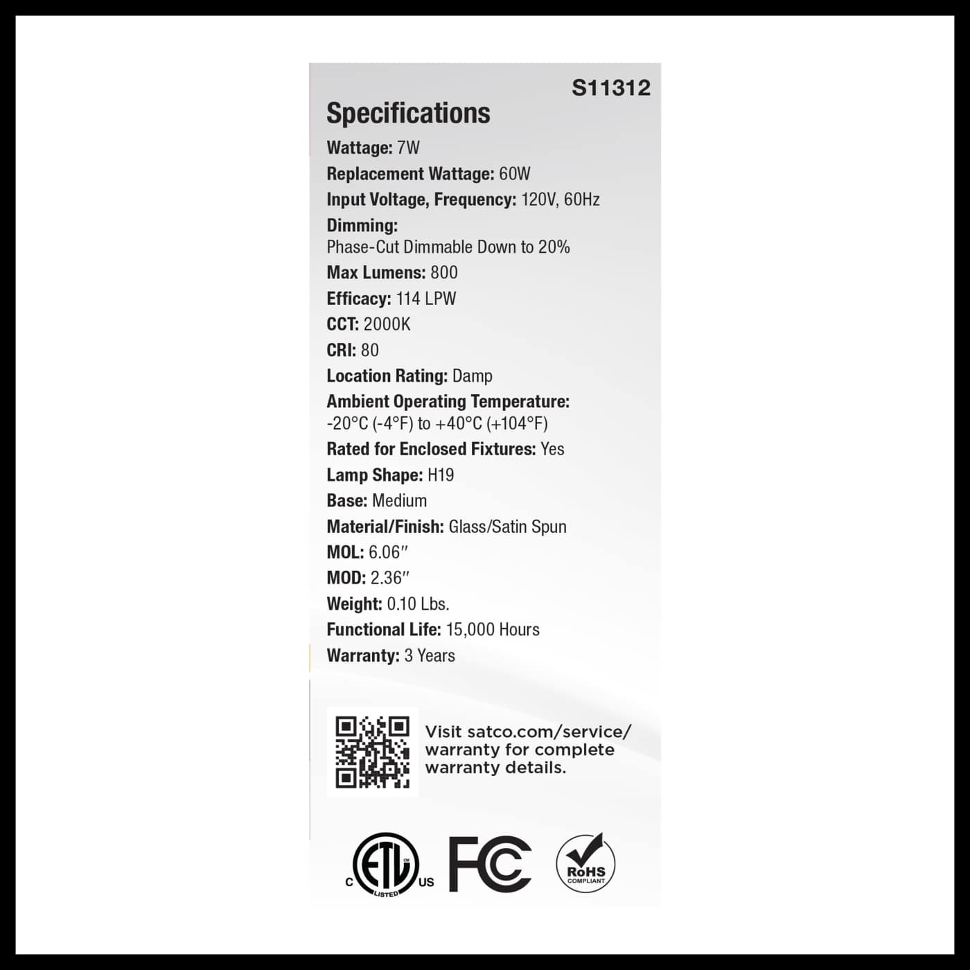 7H19/SS/LED/820/E26/120V - S11312