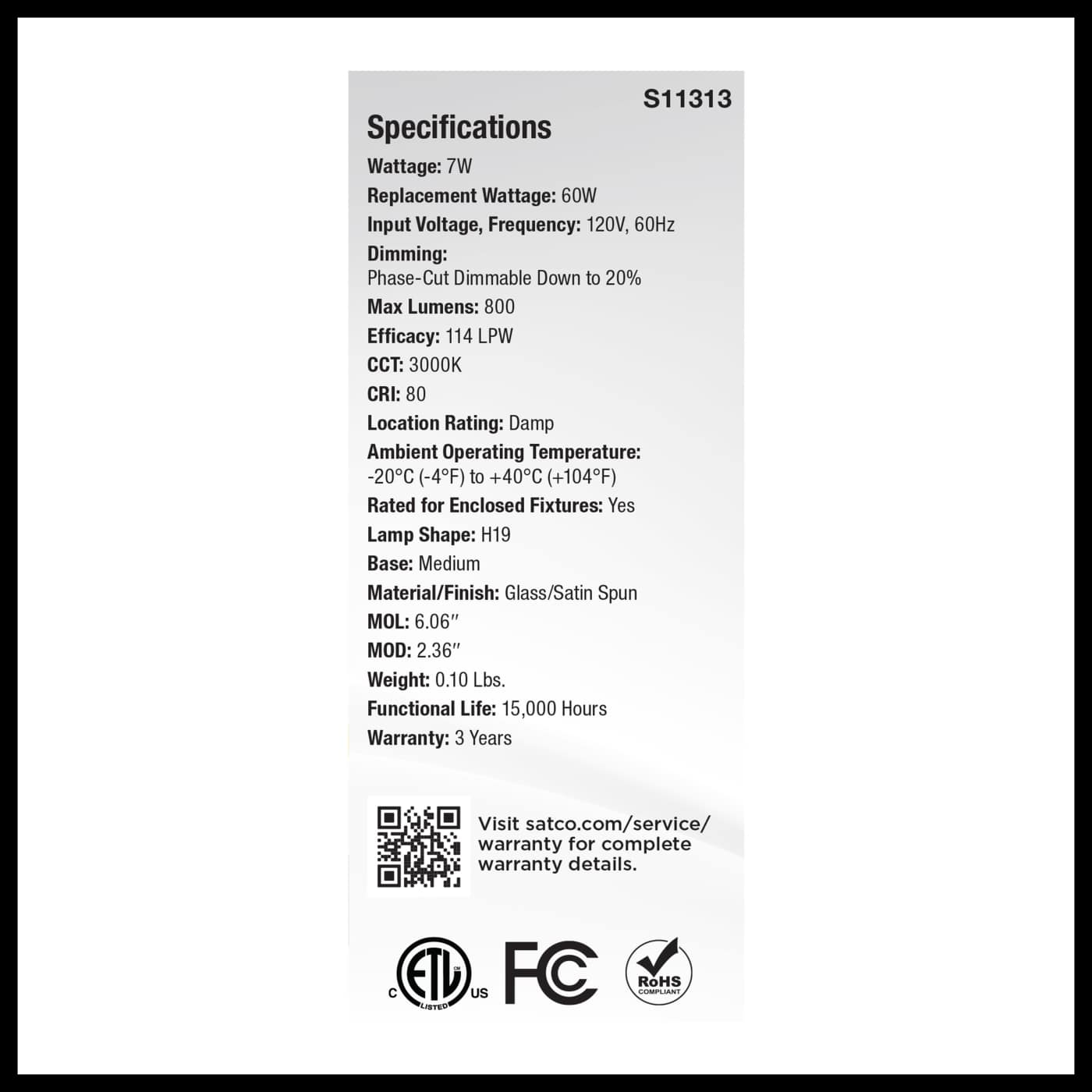 7H19/SS/LED/830/E26/120V - S11313