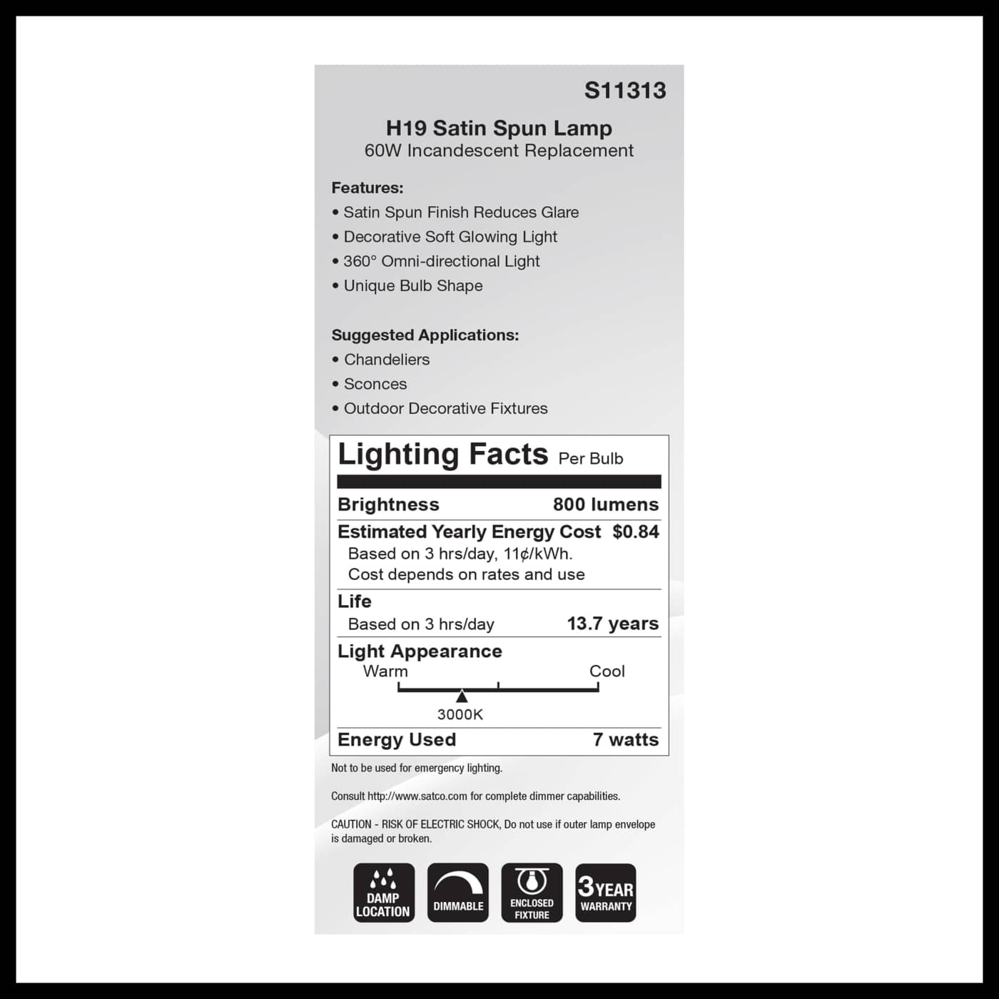 7H19/SS/LED/830/E26/120V - S11313