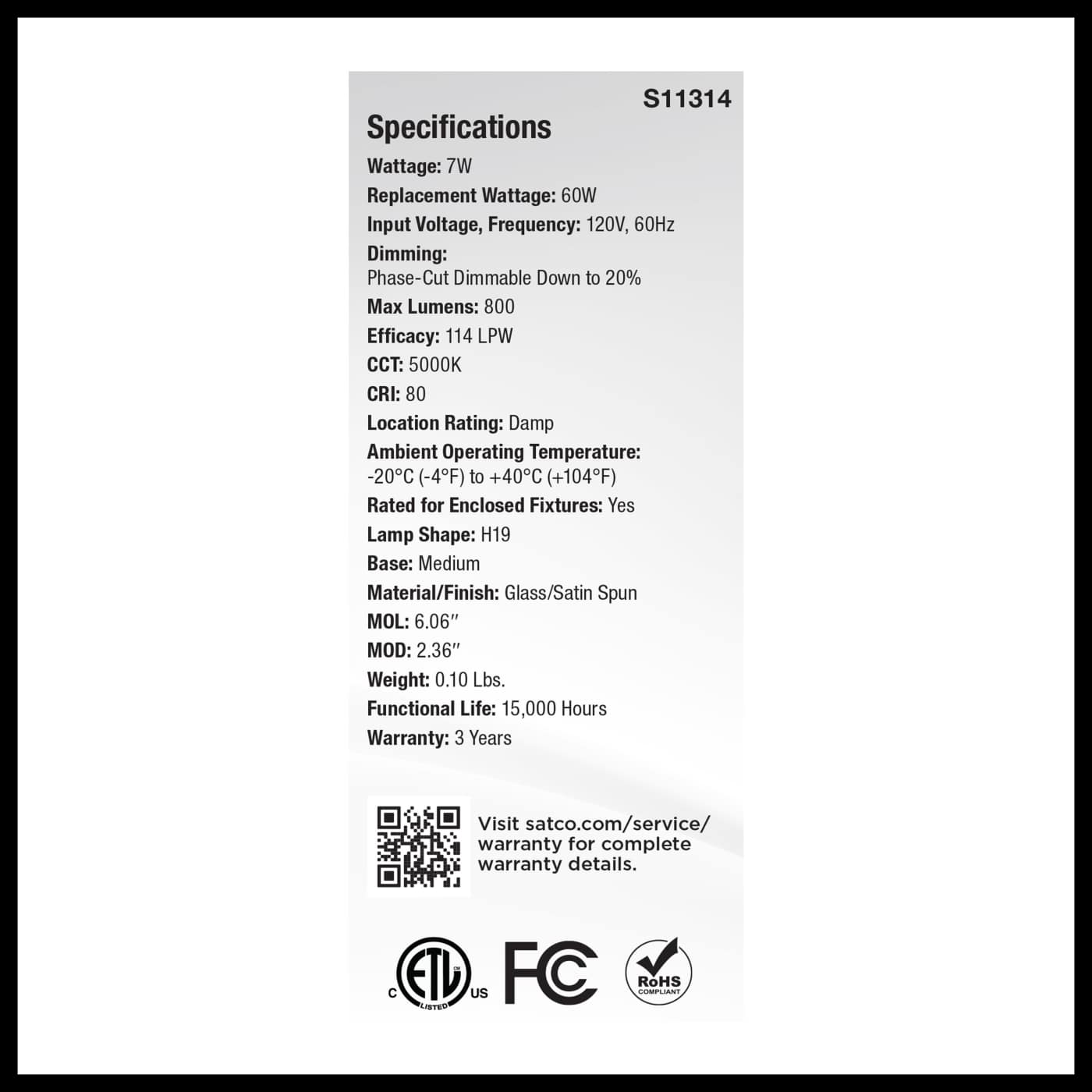 7H19/SS/LED/850/E26/120V - S11314