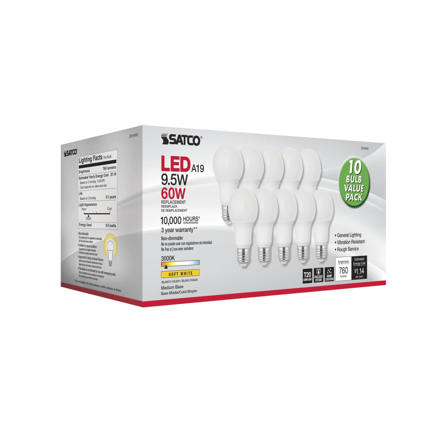 9.5A19/LED/930/120V/90CRI/10PK - S11410